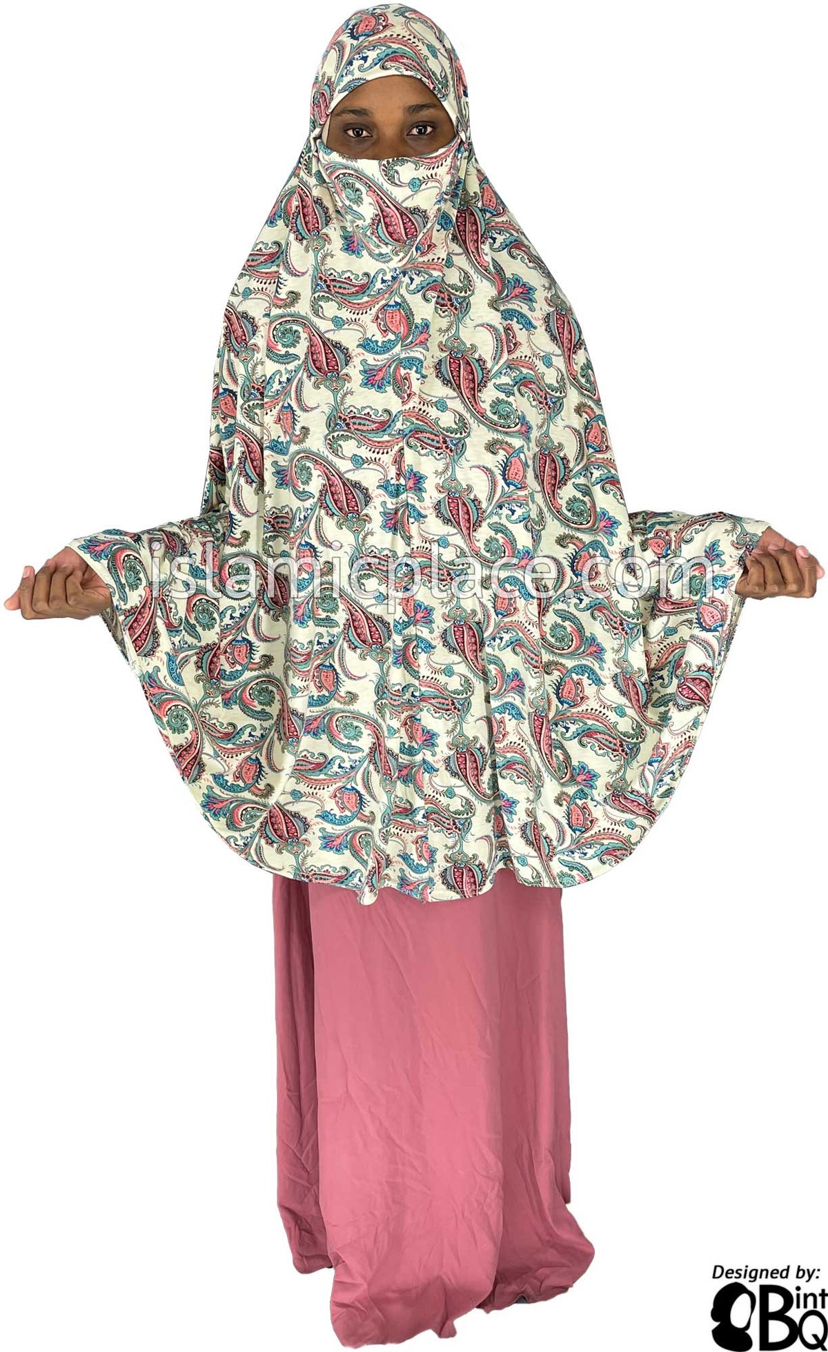 Ocean Green and Pink Paisley on Cream Base - Printed Overhead Khimar - Extra Long Knee Length