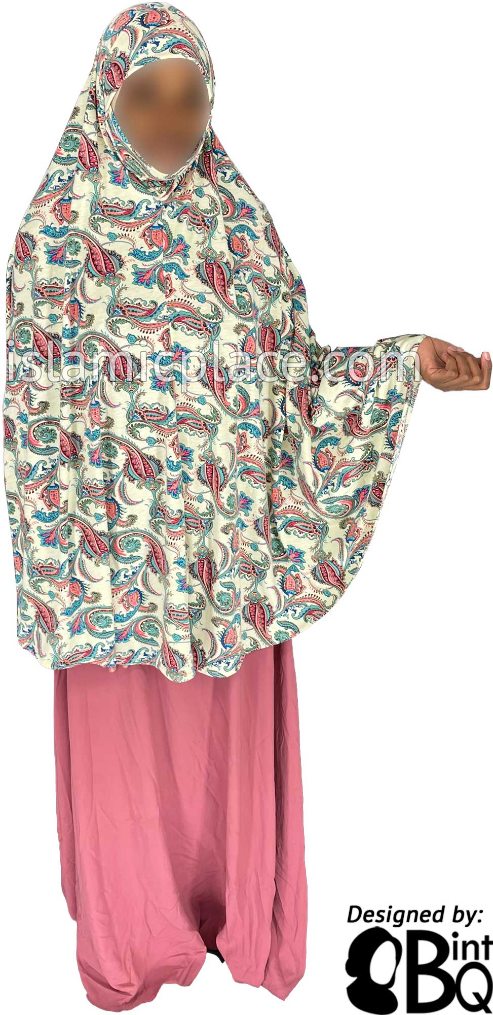 Ocean Green and Pink Paisley on Cream Base - Printed Overhead Khimar - Extra Long Knee Length