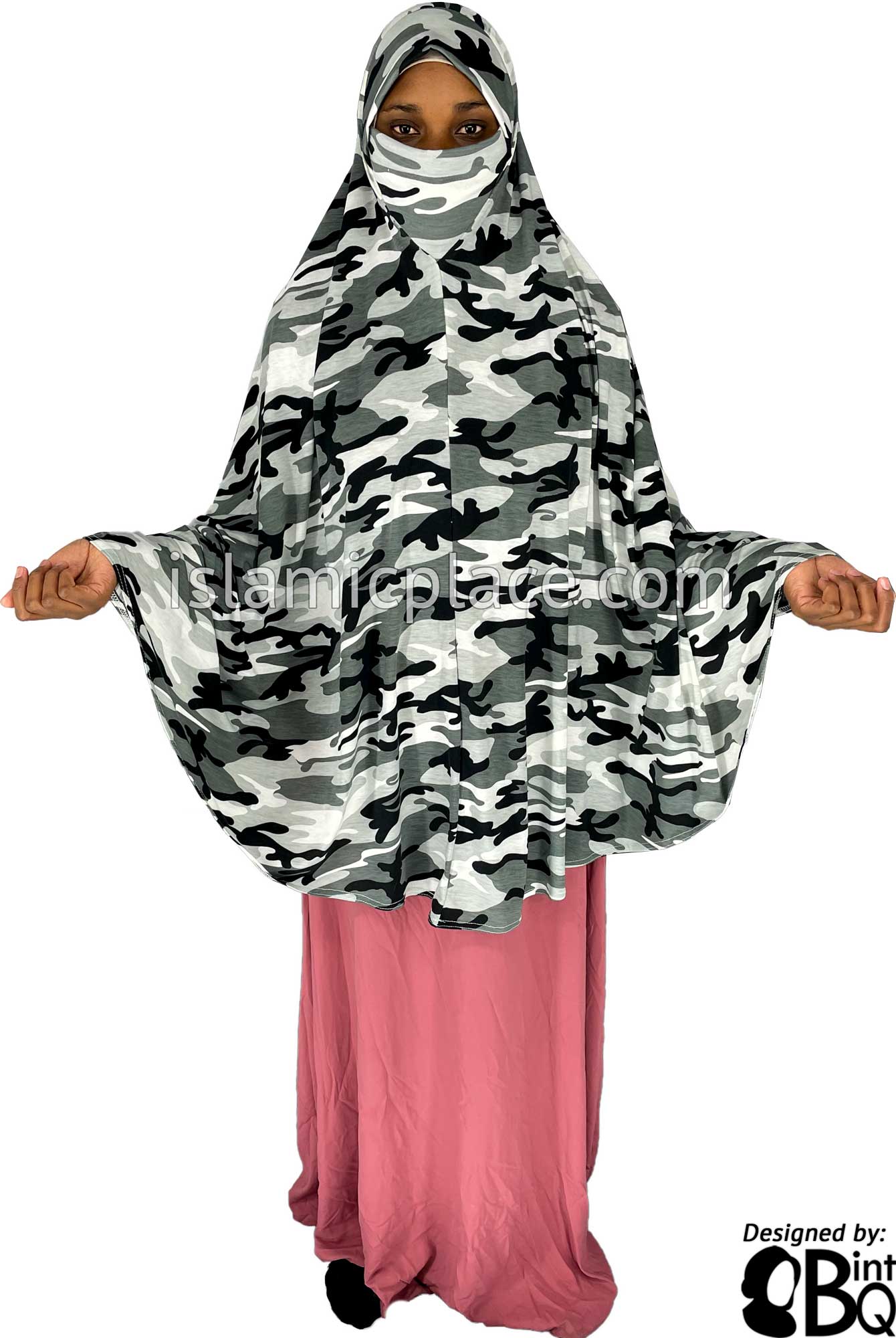 Black, Charcoal Gray and Silver Gray Cameoflage Design - Printed Overhead Khimar - Extra Long Knee Length