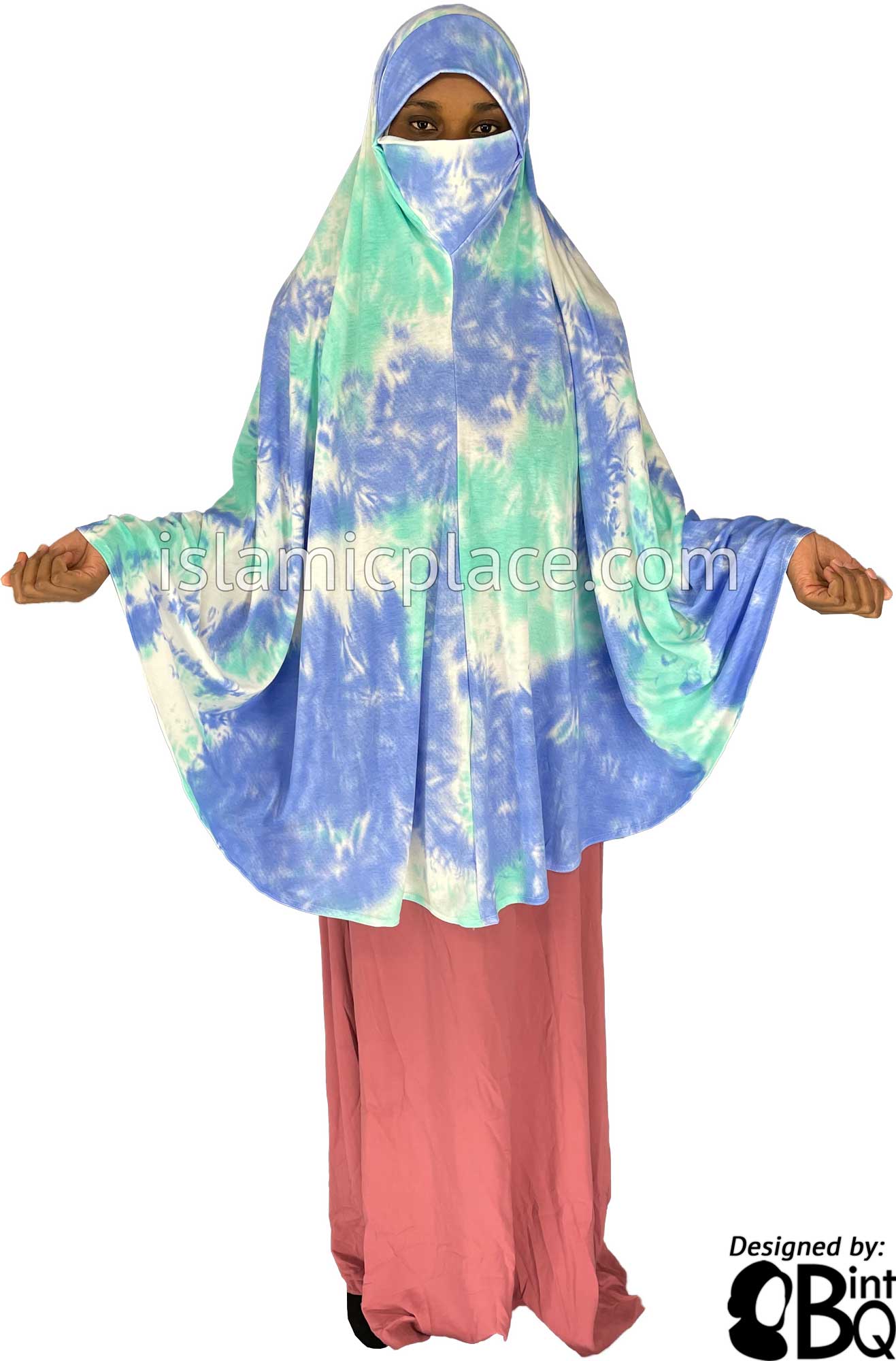 Blue, Ocean Green and White Tie-Dye Design - Printed Overhead Khimar - Extra Long Knee Length