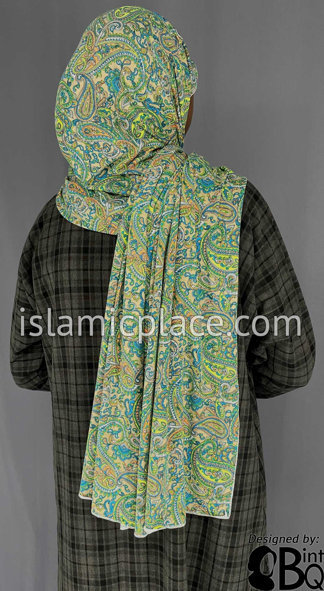 Shades of Green, Blue and Orange Paisley on Oyster Base - Print Jersey Shayla Long Rectangle Hijab 30&quot;x70&quot;