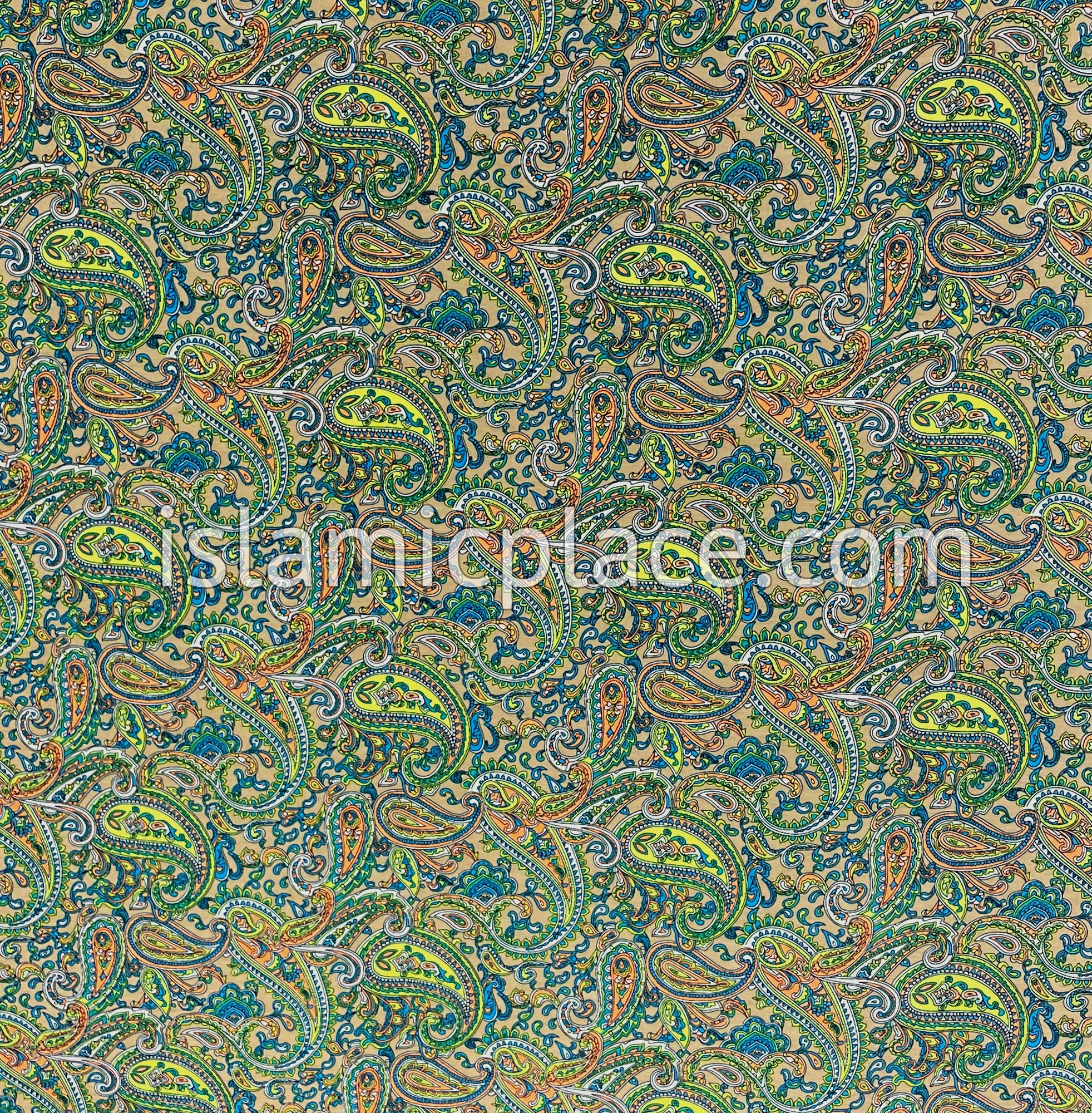 Shades of Green, Blue and Orange Paisley on Oyster Base - Print Jersey Shayla Long Rectangle Hijab 30"x70"