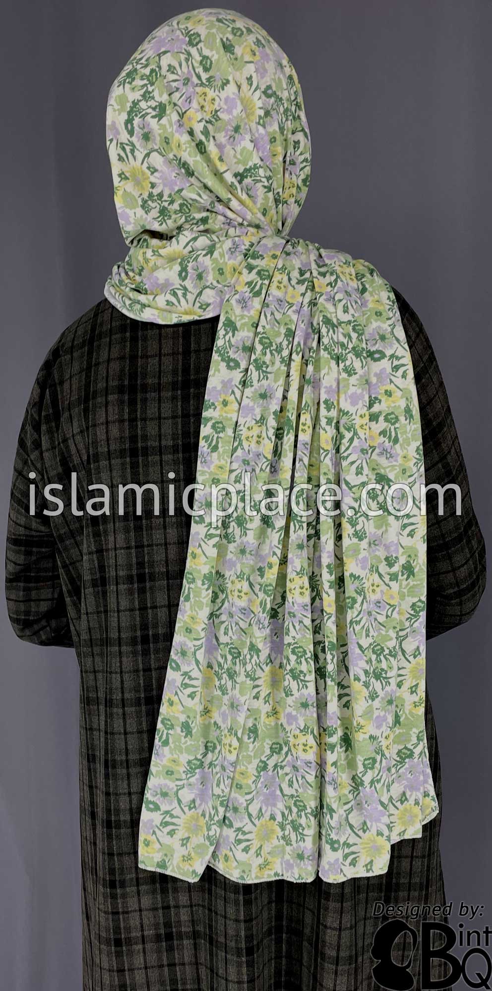 Green, Yellow and Lavender Floral Design - Print Jersey Shayla Long Rectangle Hijab 30&quot;x70&quot;