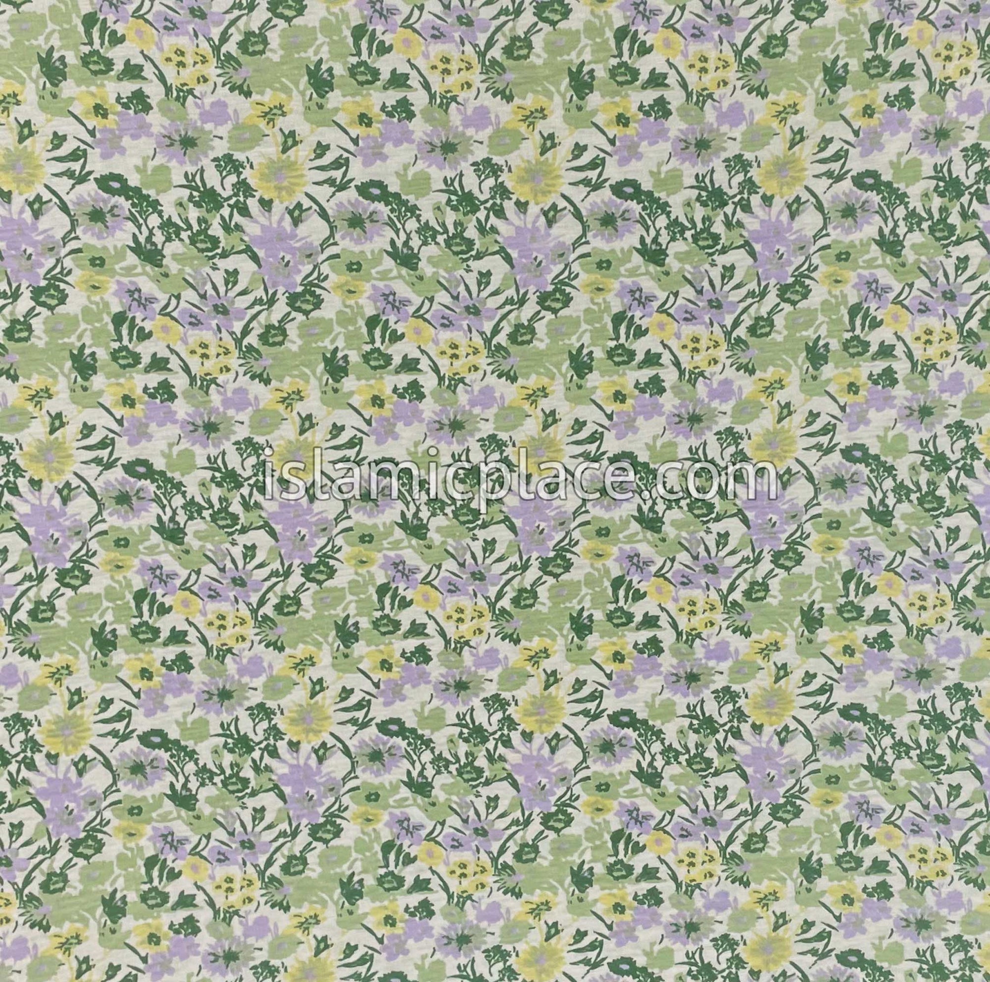 Green, Yellow and Lavender Floral Design - Print Jersey Shayla Long Rectangle Hijab 30"x70"