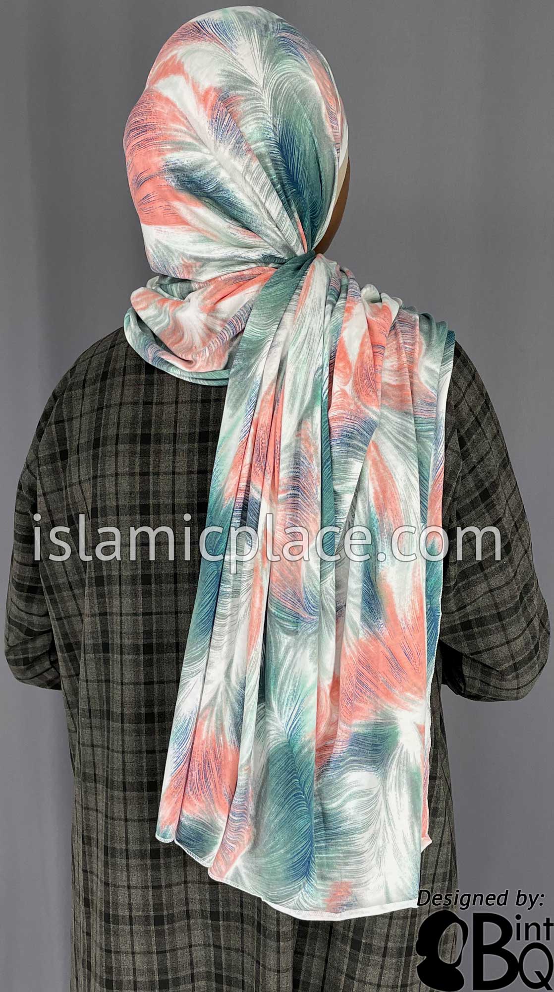 Coral, Ocean Green and Navy BlueTruffula Design - Print Jersey Shayla Long Rectangle Hijab 30&quot;x70&quot;