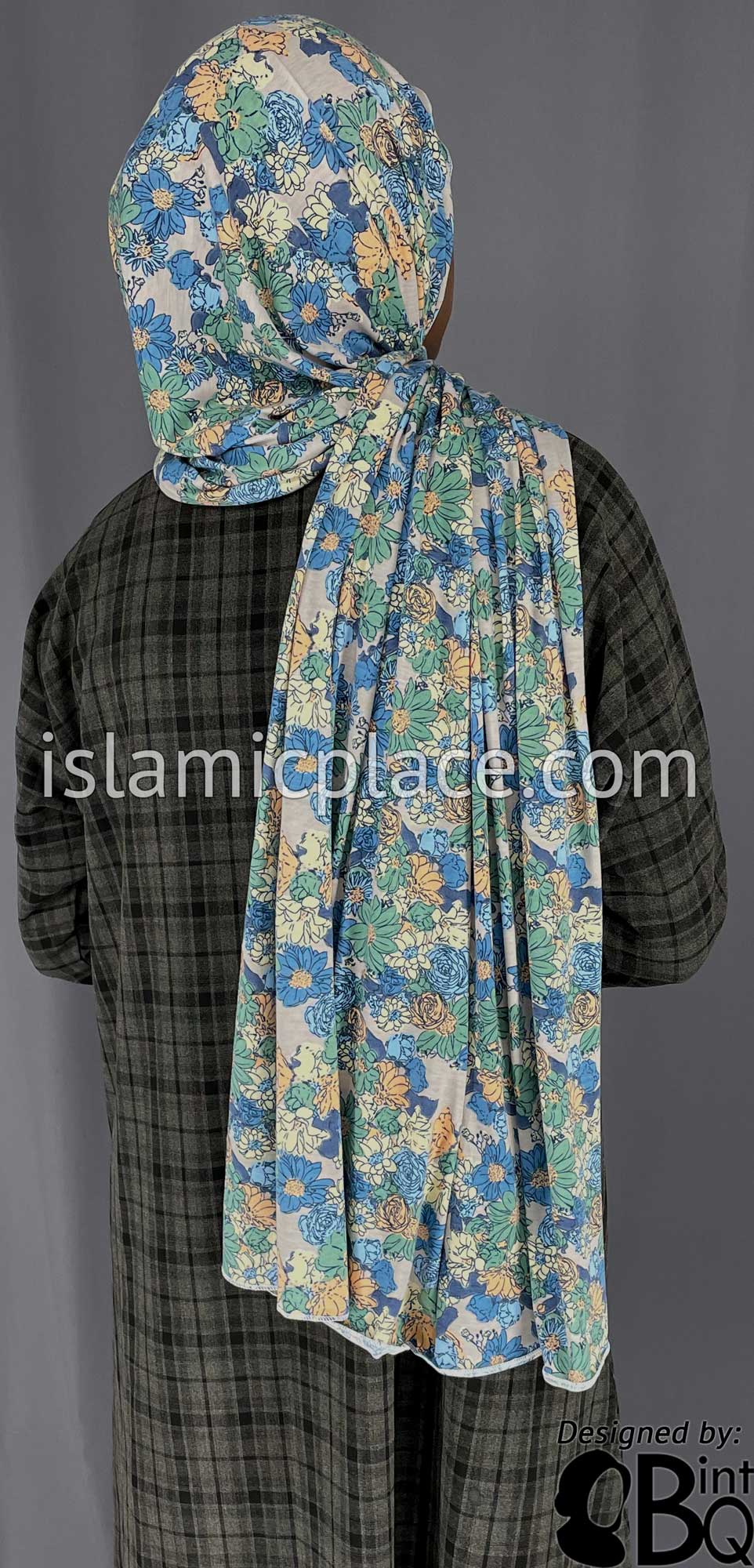 Shades of Blue, Ocean Green, and Yellow Floral Design on Gray Base - Print Jersey Shayla Long Rectangle Hijab 30&quot;x70&quot;