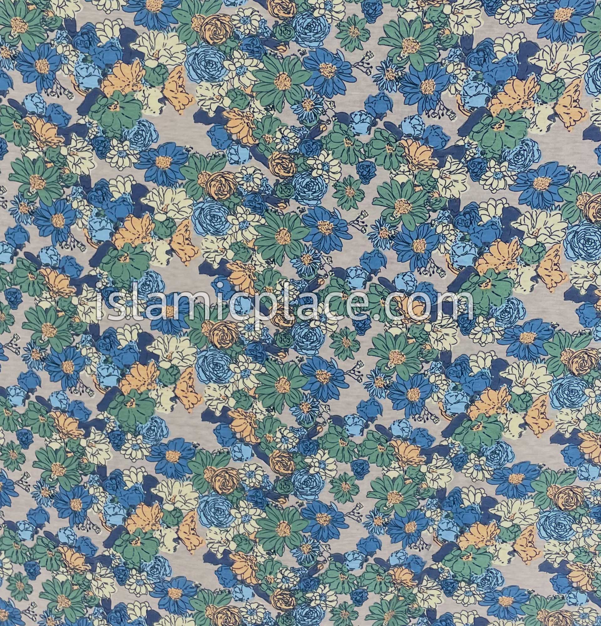 Shades of Blue, Ocean Green, and Yellow Floral Design on Gray Base - Print Jersey Shayla Long Rectangle Hijab 30"x70"