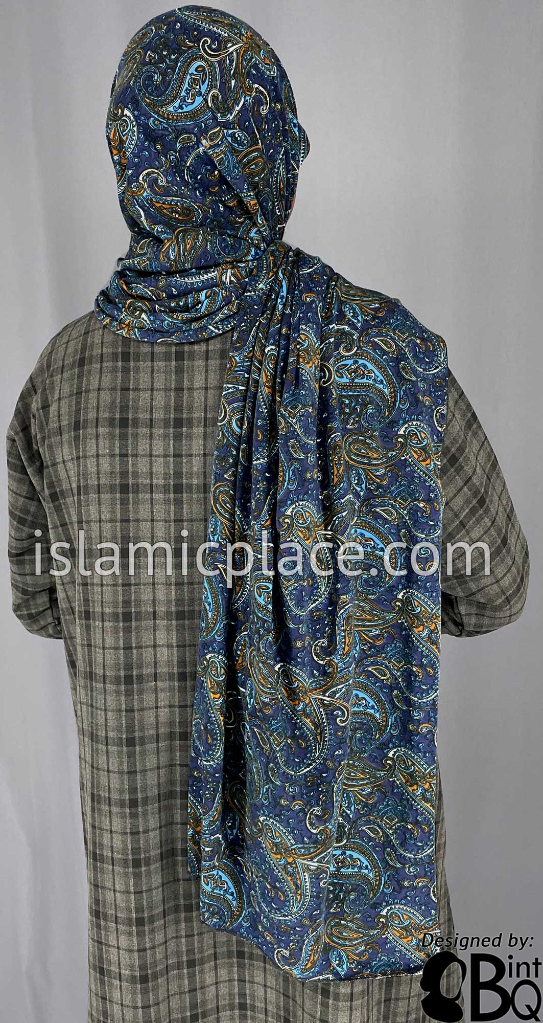 Rust and Blue Paisley on Navy Blue Base - Print Jersey Shayla Long Rectangle Hijab 30&quot;x70&quot;