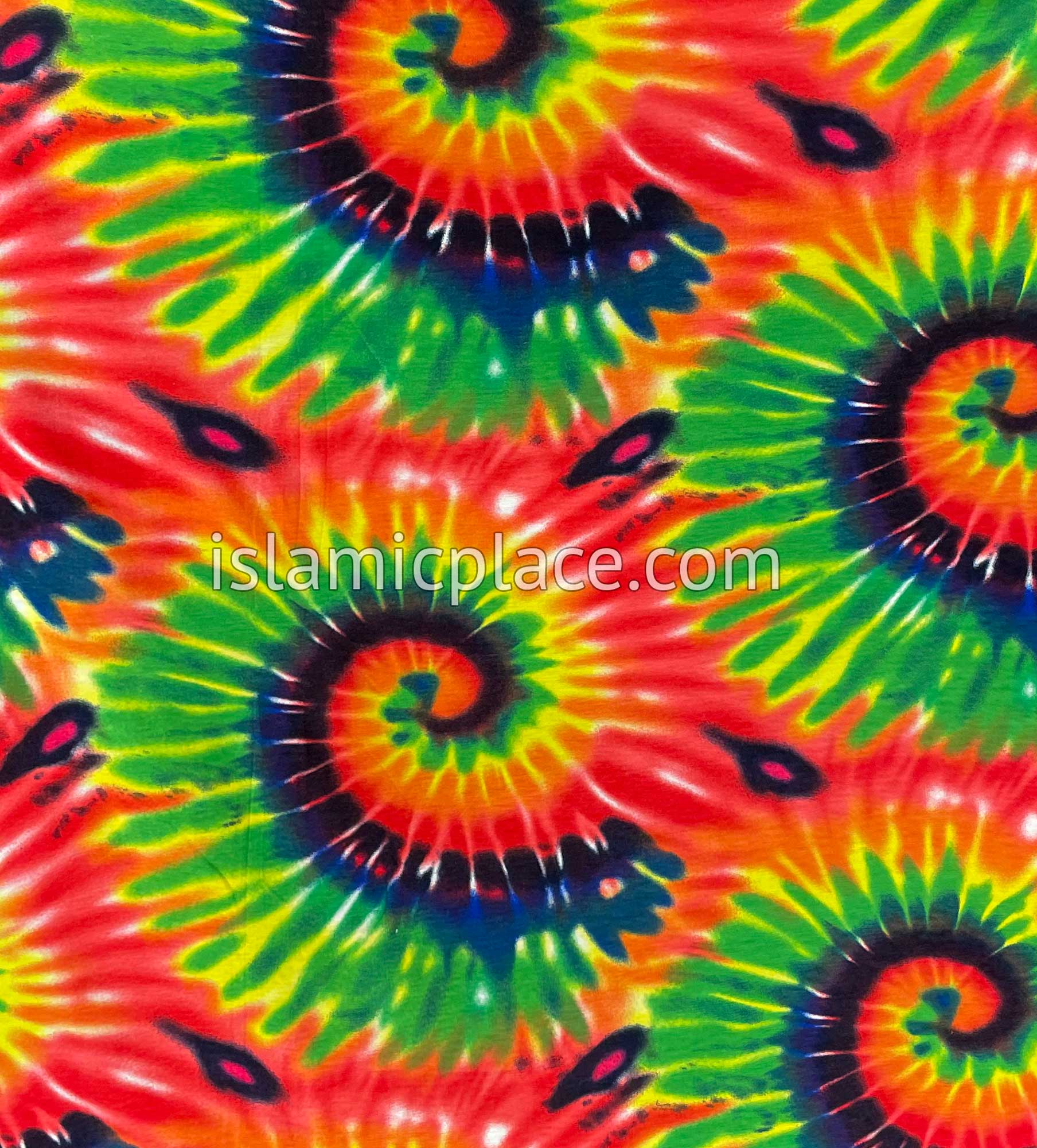 Red, Green and Yellow Sunbust Tie-Dye Design  - Print Jersey Shayla Long Rectangle Hijab 30"x70"