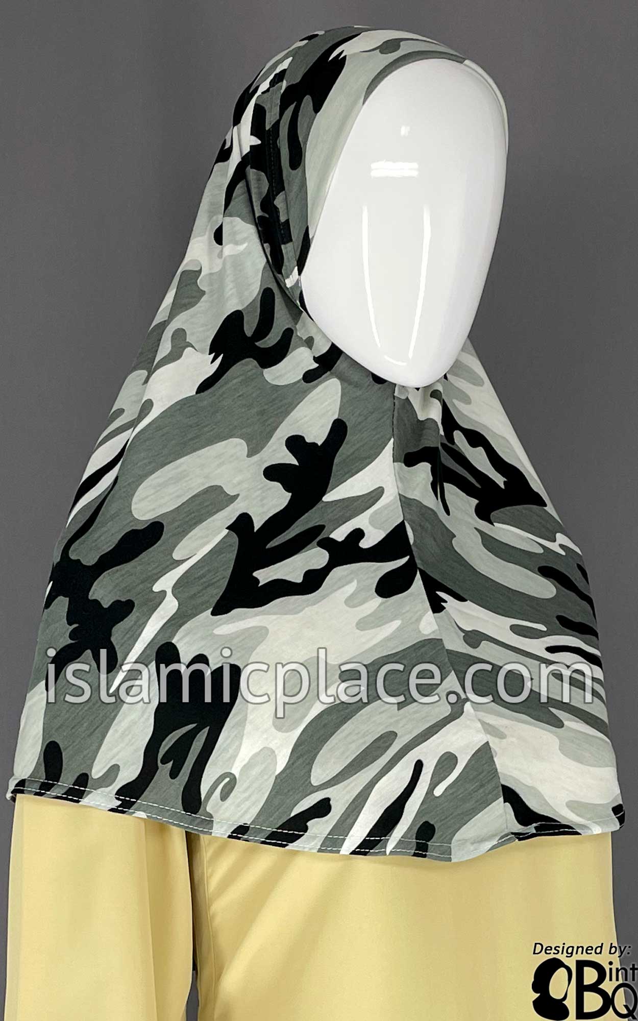 Black, Charcoal Gray and Silver Gray Camouflage Design - Printed Teen to Adult (Large) Hijab Al-Amira (1-piece style)