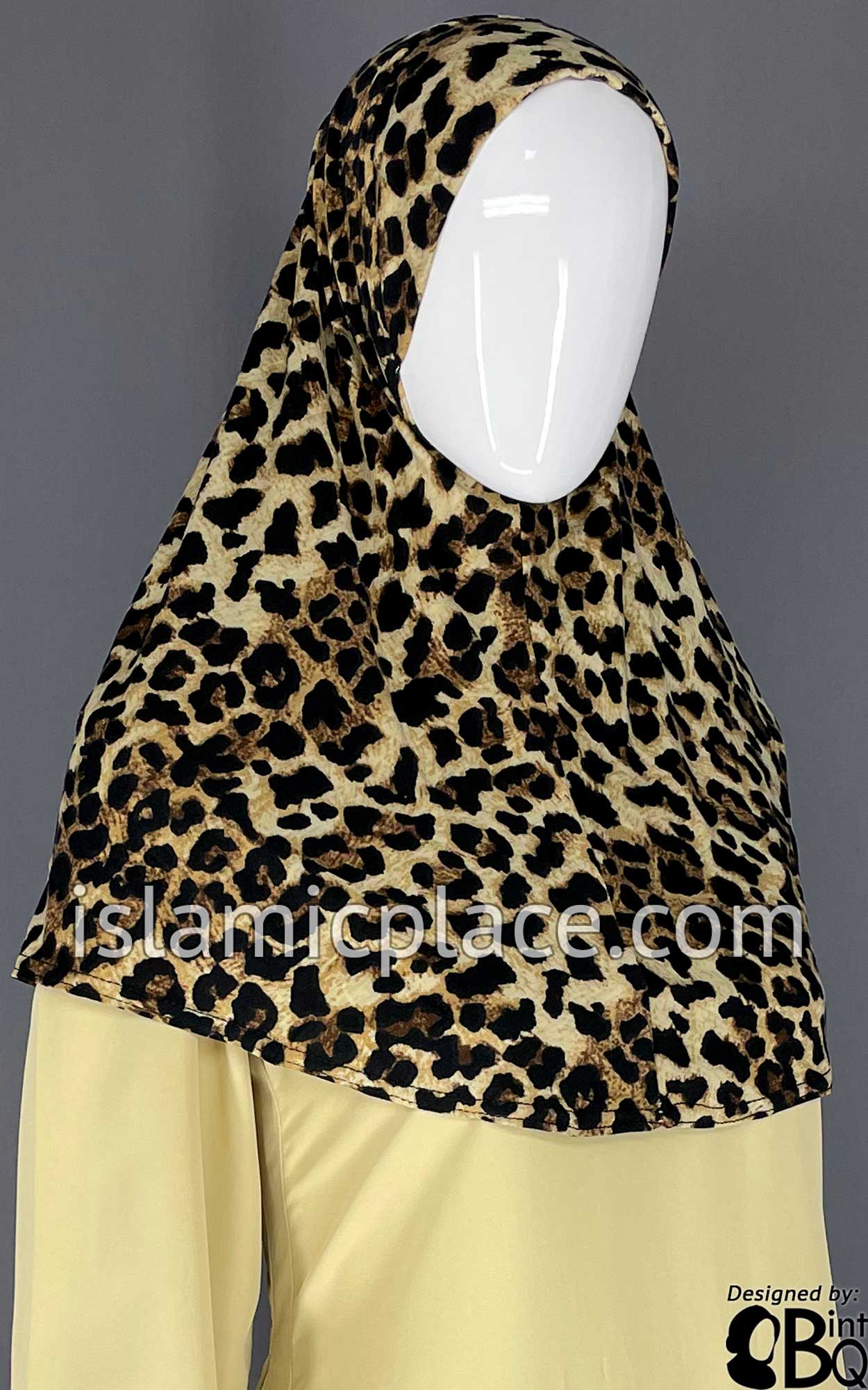 Black and Brown Animal Print on Tan Base- Printed Teen to Adult (Large) Hijab Al-Amira (1-piece style)