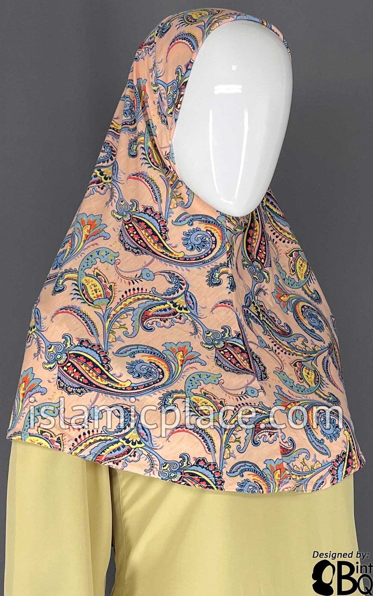 Sky Blue and Yellow Paisley on Pale Pink Base- Printed Teen to Adult (Large) Hijab Al-Amira (1-piece style)