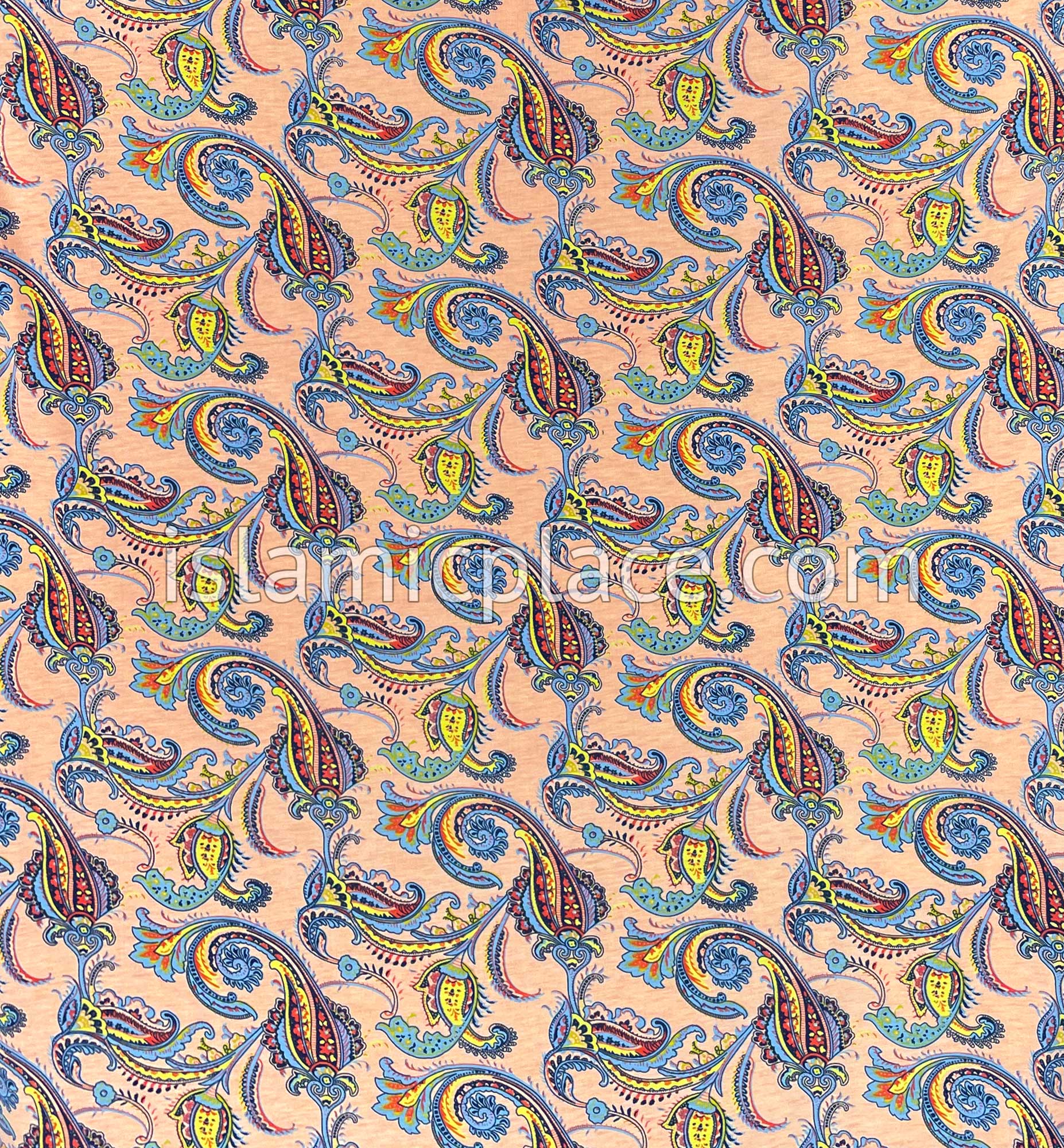 Sky Blue and Yellow Paisley on Pale Pink Base- Printed Teen to Adult (Large) Hijab Al-Amira (1-piece style)