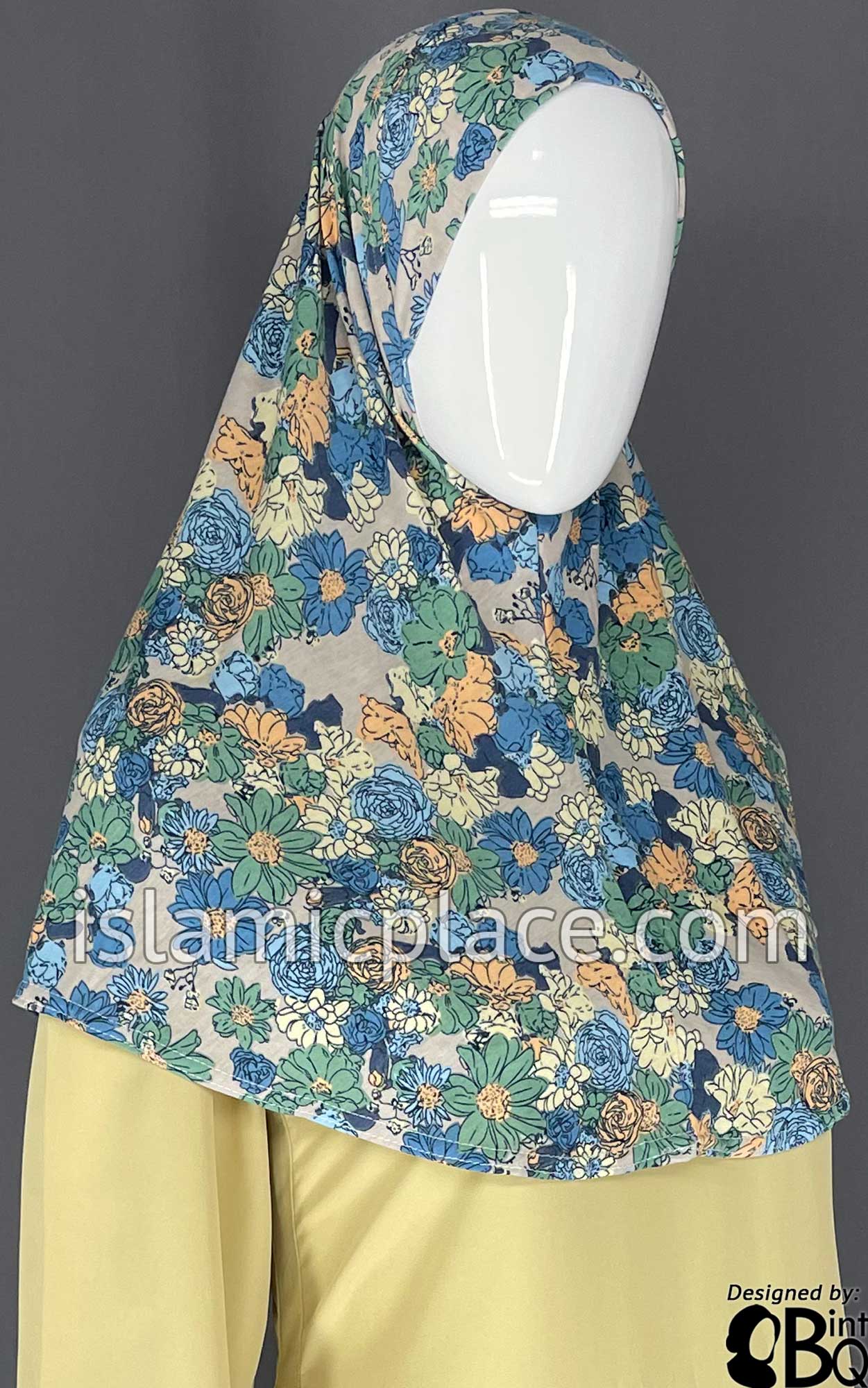 Shades of Blue, Ocean Green, and Yellow Floral Design on Gray Base - Printed Teen to Adult (Large) Hijab Al-Amira (1-piece style)