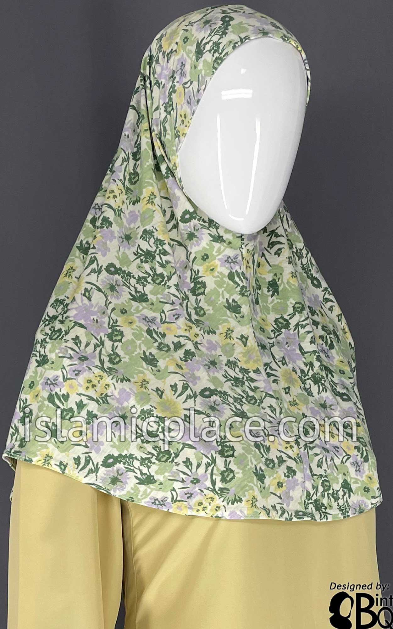 Green, Yellow and Lavender Floral Design- Printed Teen to Adult (Large) Hijab Al-Amira (1-piece style)