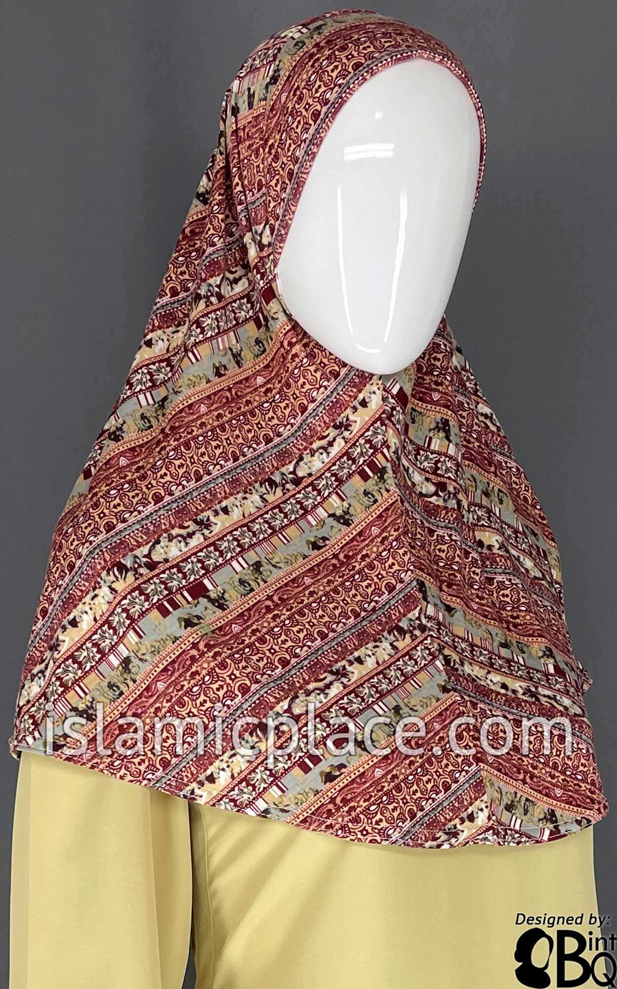 Burgundy, Gray and Tan Multi Pattern- Printed Teen to Adult (Large) Hijab Al-Amira (1-piece style)