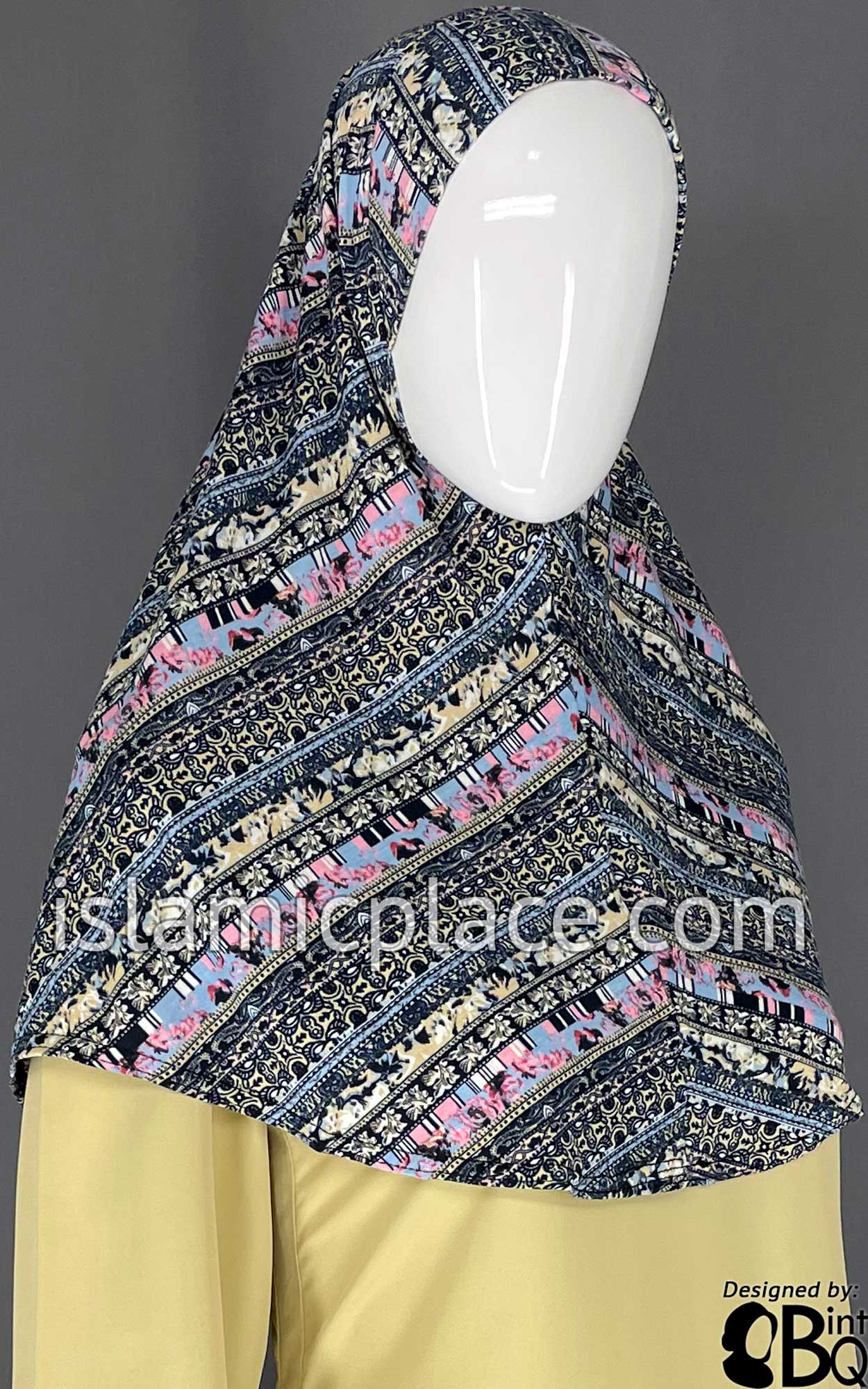 Navy Blue, Tan and Pink Multi Pattern- Printed Teen to Adult (Large) Hijab Al-Amira (1-piece style)