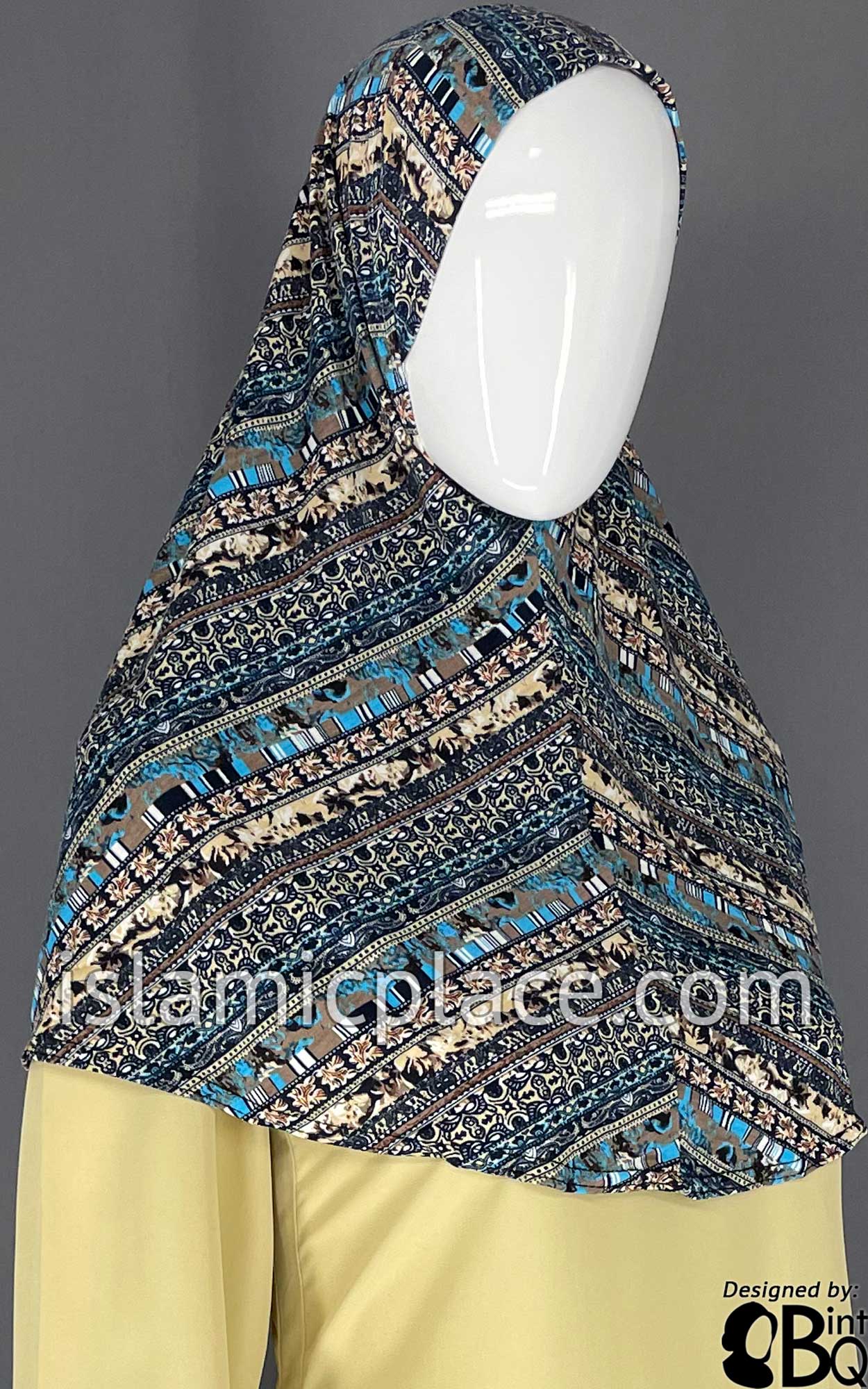 Navy Blue, Tan and Aqua Blue Multi Pattern- Printed Teen to Adult (Large) Hijab Al-Amira (1-piece style)