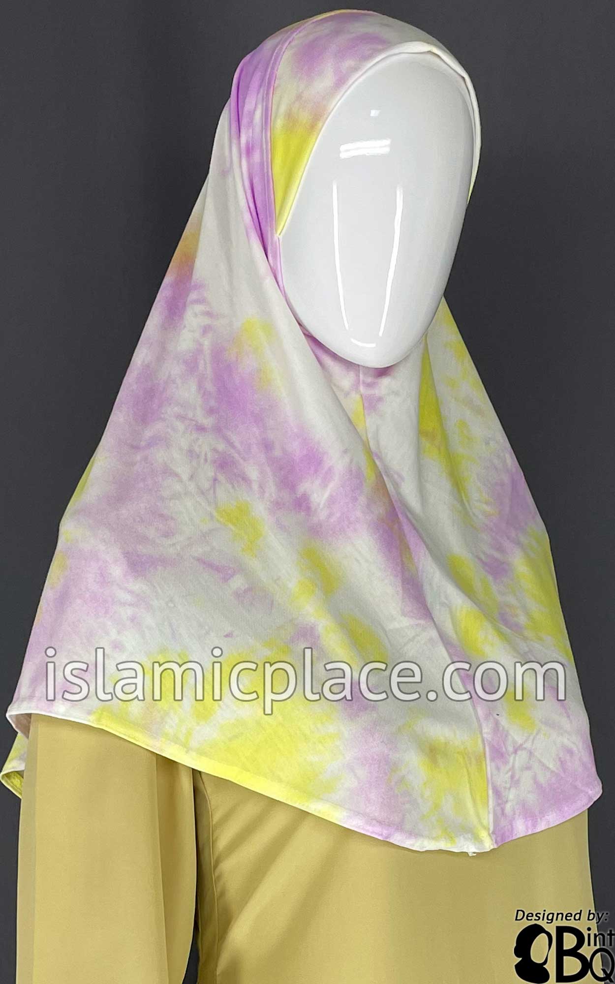 Light Cabaret, Yellow and White Tie-Dye Design- Printed Teen to Adult (Large) Hijab Al-Amira (1-piece style)