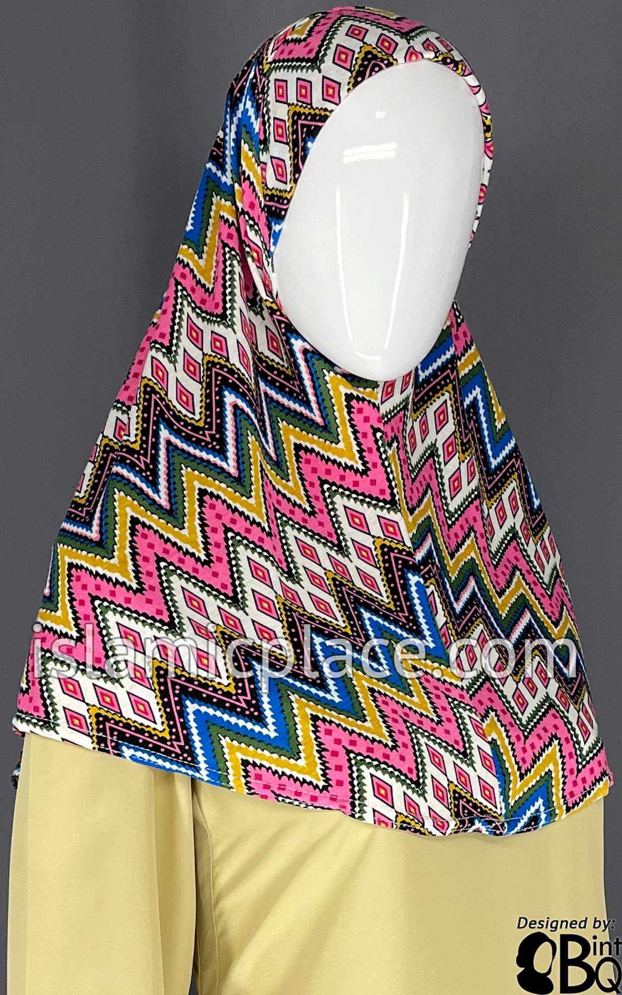 Bubblegum Pink, Mustard and Cobalt Blue Zigzag Design- Printed Teen to Adult (Large) Hijab Al-Amira (1-piece style)