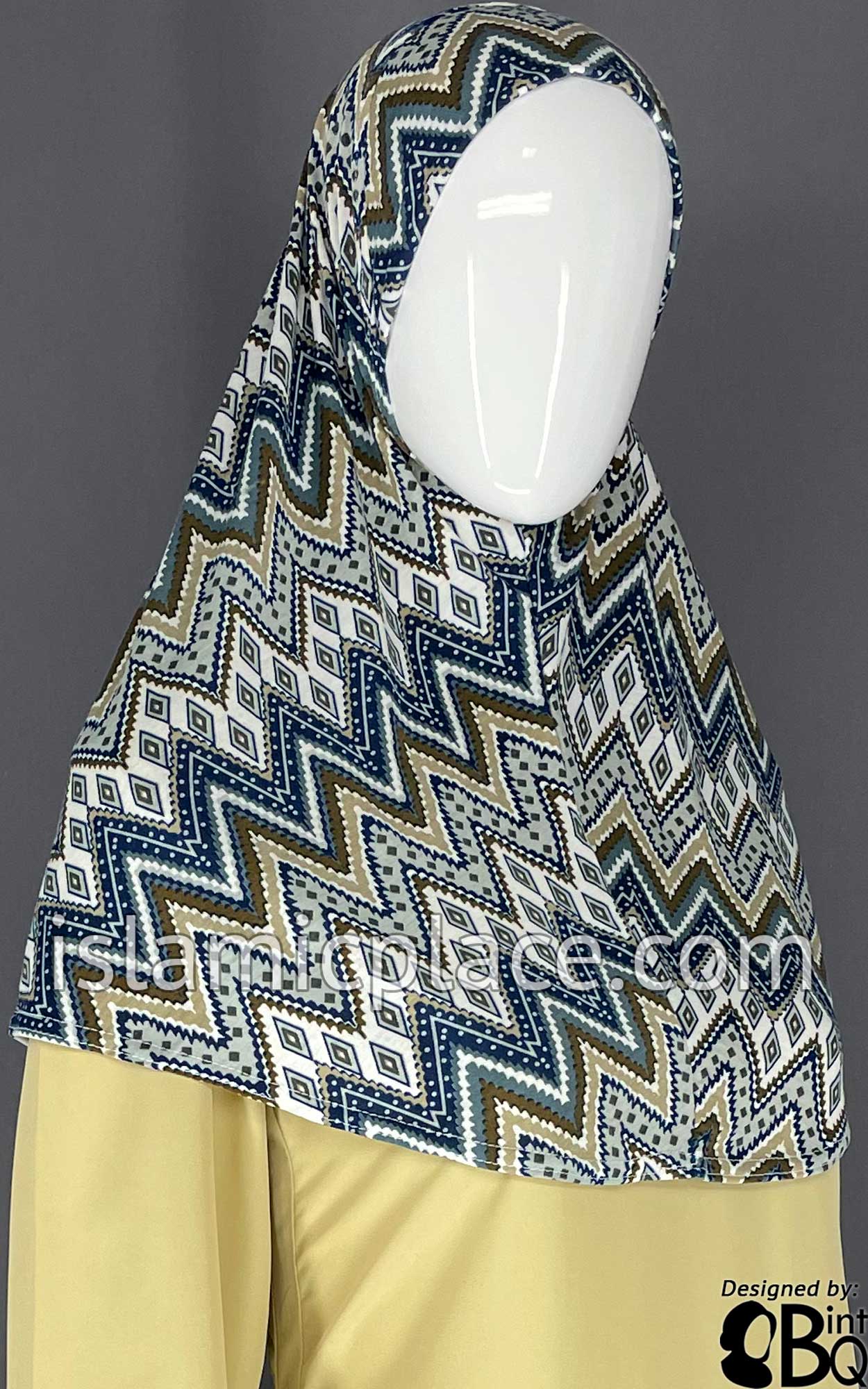 Navy Blue, Graphite Gray and Oyster Zigzag Design- Printed Teen to Adult (Large) Hijab Al-Amira (1-piece style)