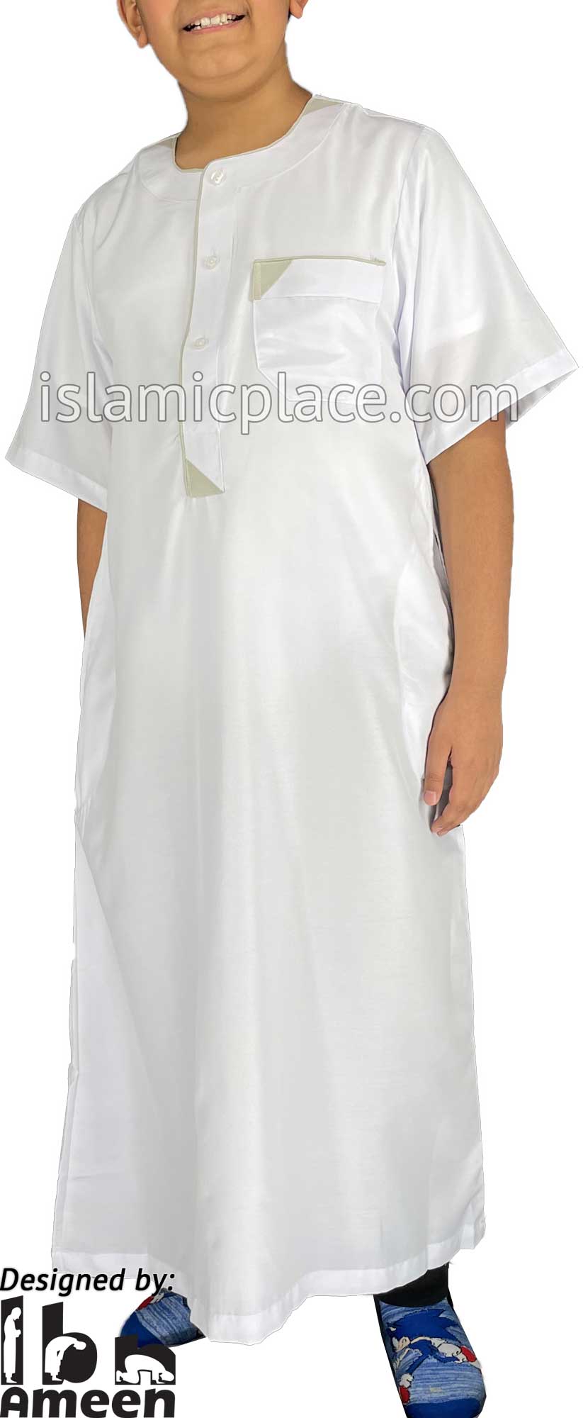 White - Munir Style Boy Short Sleeve Thob by Ibn Ameen