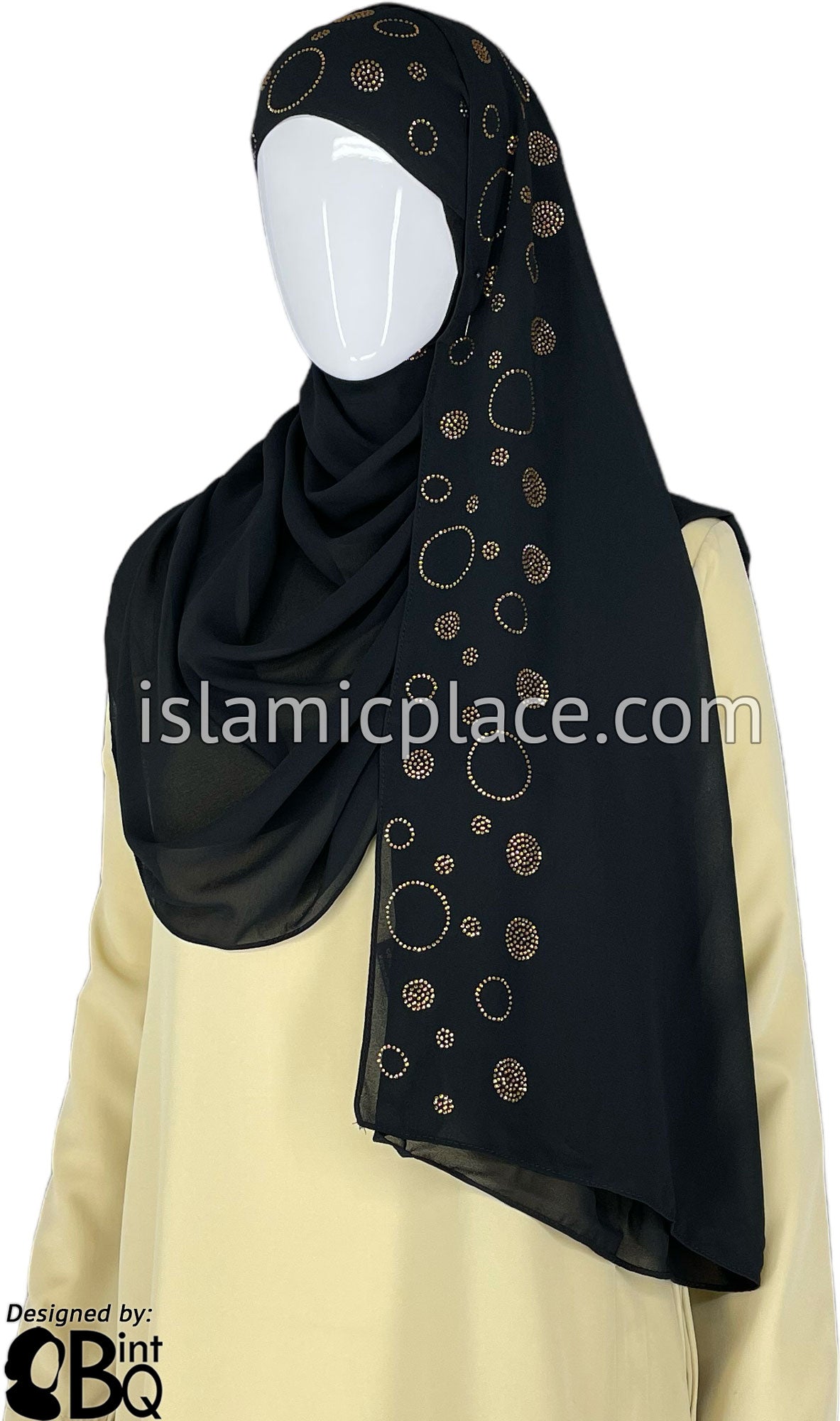 Black with Golden Stones in Design 61 - Georgette Chiffon Shayla Long Rectangle Hijab 30&quot;x70&quot;