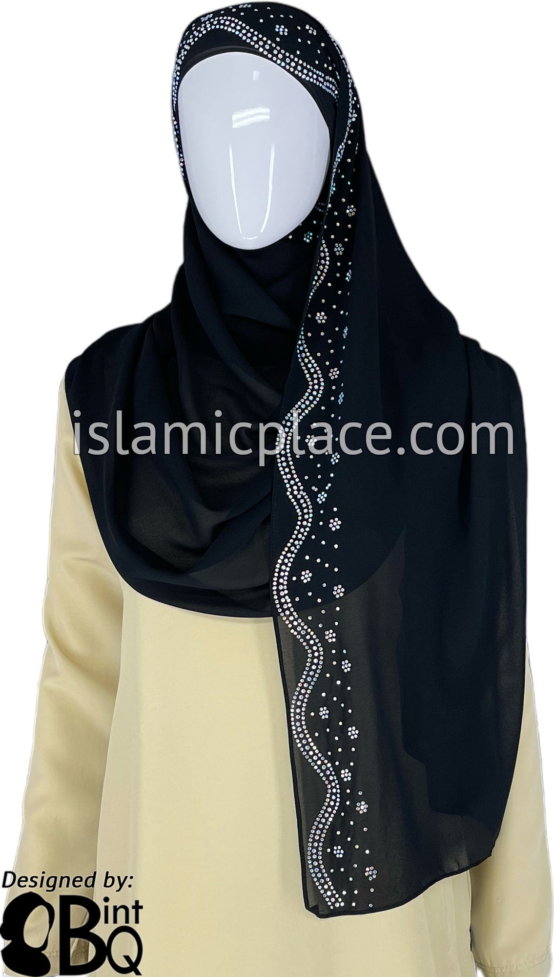 Black with Silver Stones in Design 120 - Georgette Chiffon Shayla Long Rectangle Hijab 30&quot;x70&quot;