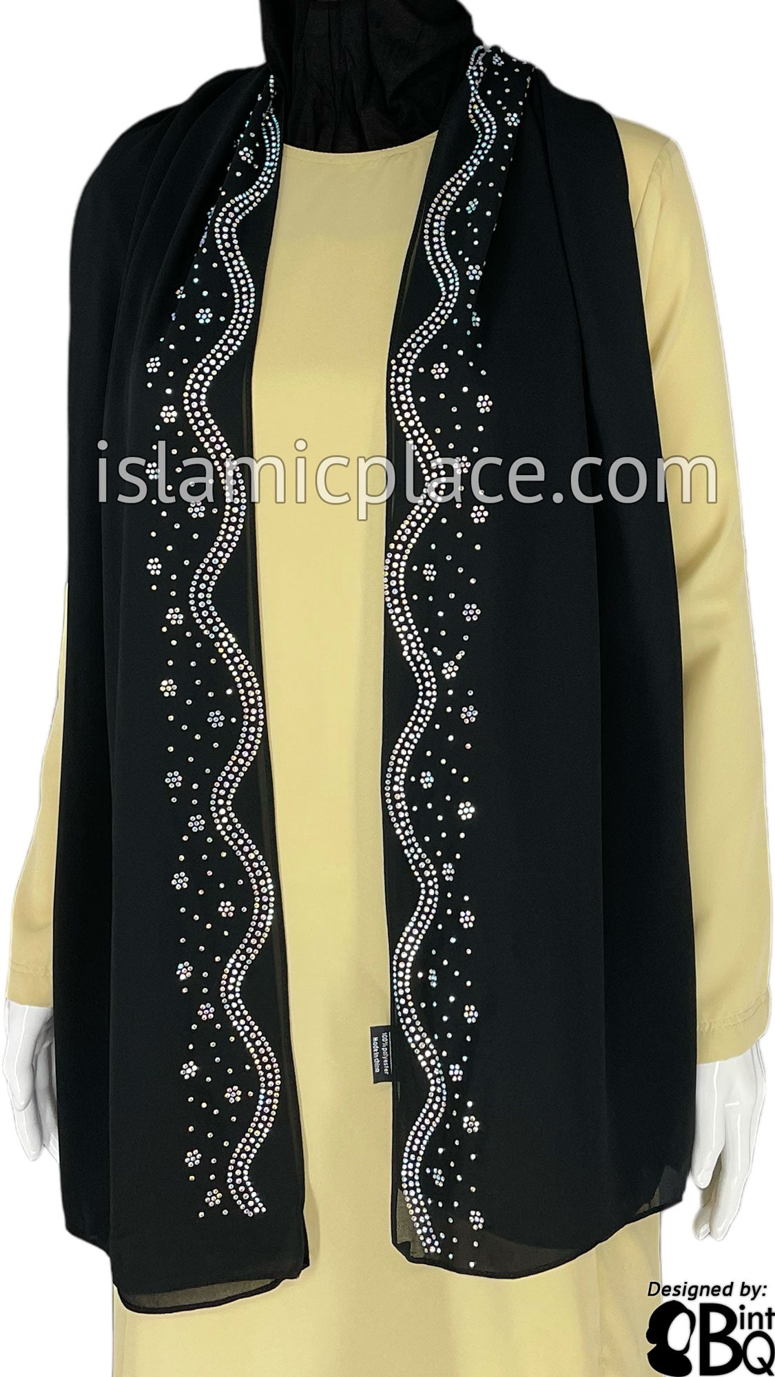 Black with Silver Stones in Design 120 - Georgette Chiffon Shayla Long Rectangle Hijab 30"x70"