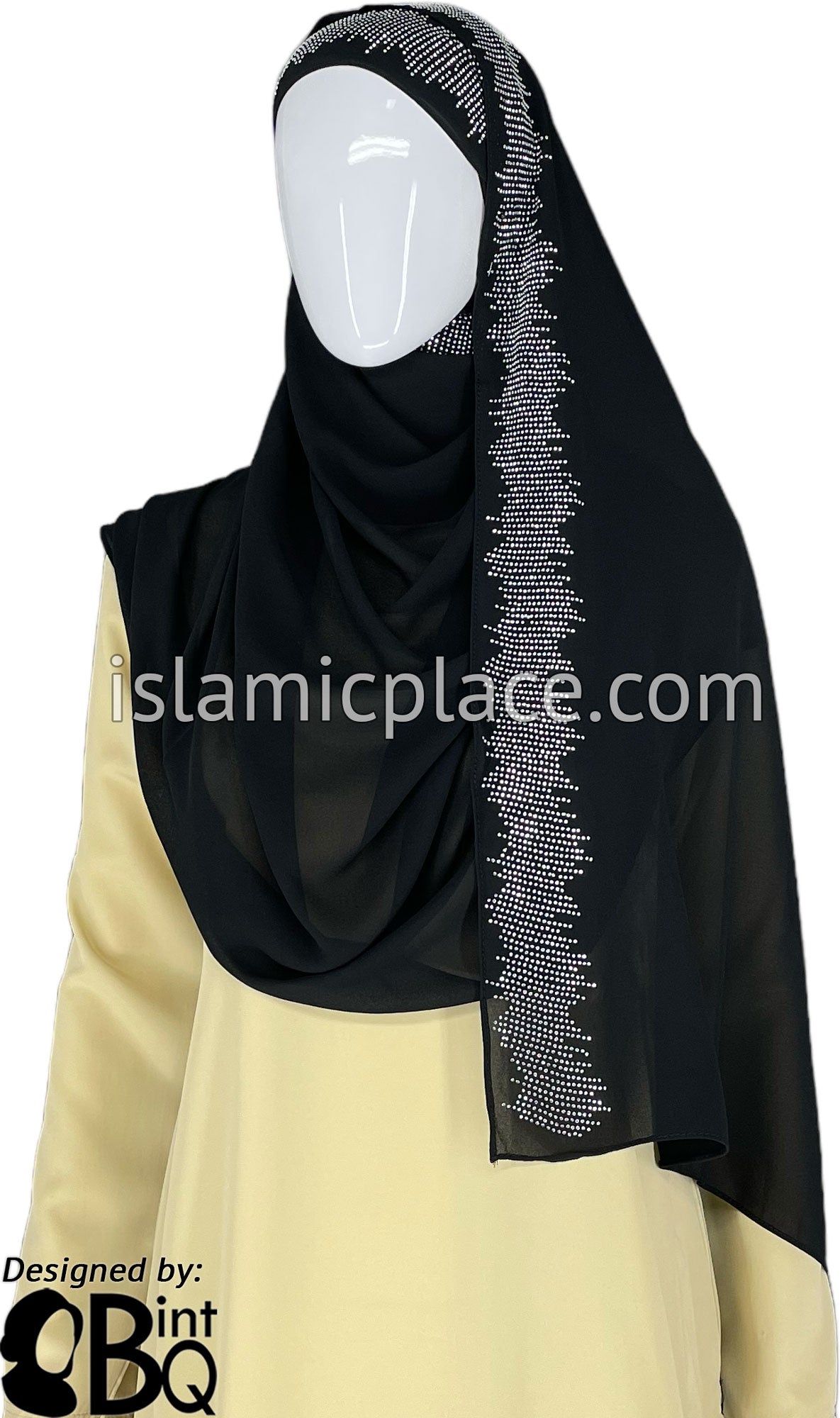 Black with Silver Stones in Design 46 - Georgette Chiffon Shayla Long Rectangle Hijab 30&quot;x70&quot;