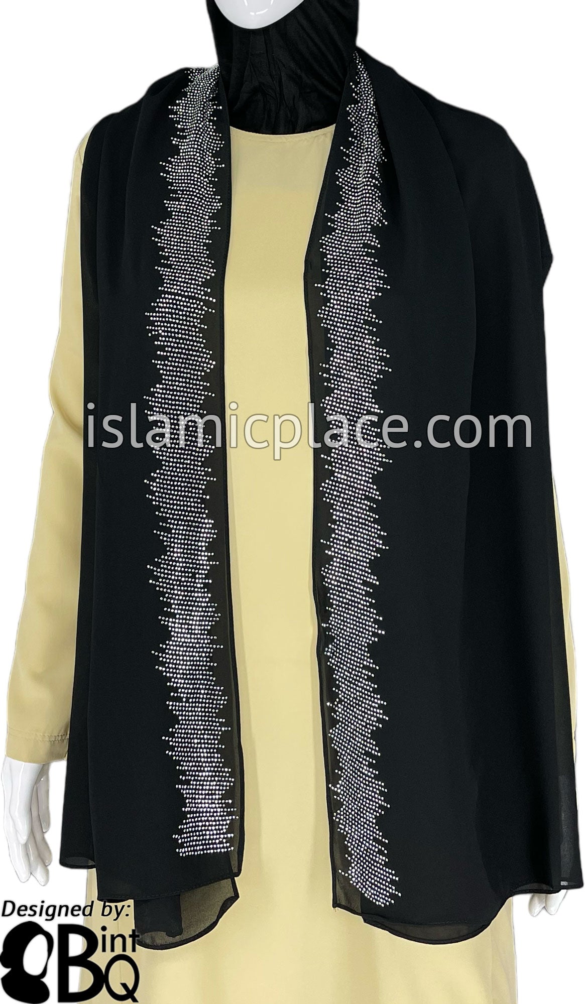 Black with Silver Stones in Design 46 - Georgette Chiffon Shayla Long Rectangle Hijab 30"x70"