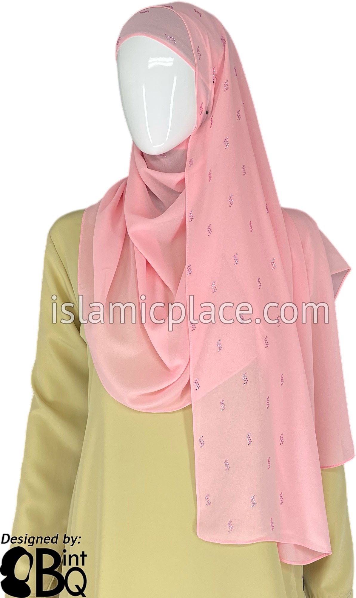 Pink with Pink Stones in Design 63 - Georgette Chiffon Shayla Long Rectangle Hijab 30&quot;x70&quot;