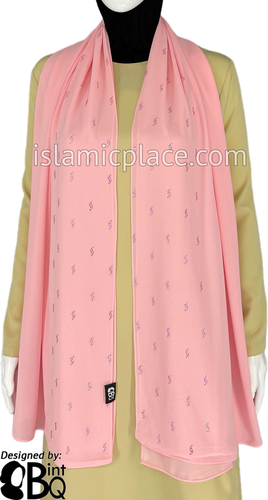 Pink with Pink Stones in Design 63 - Georgette Chiffon Shayla Long Rectangle Hijab 30"x70"