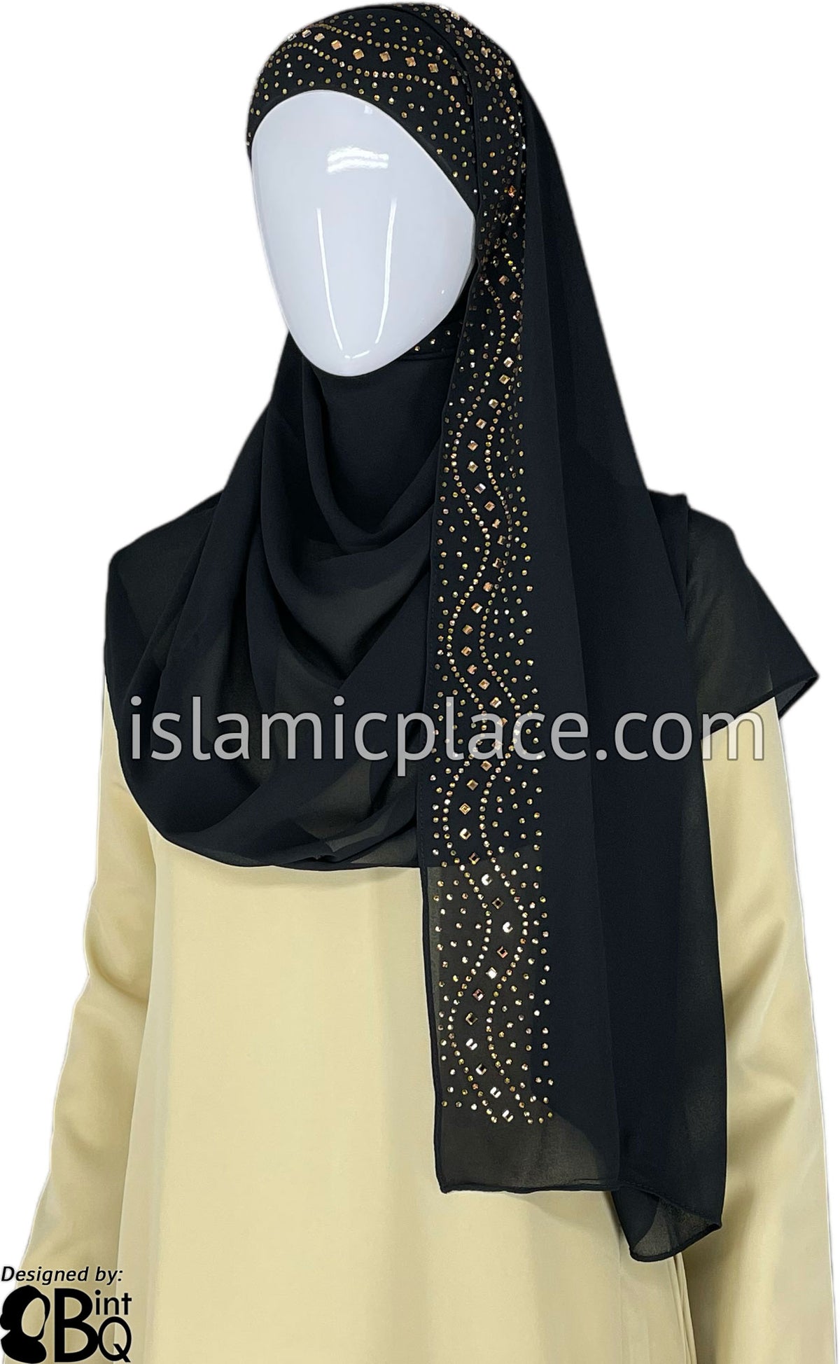 Black with Golden Stones in Design 60 - Georgette Chiffon Shayla Long Rectangle Hijab 30&quot;x70&quot;