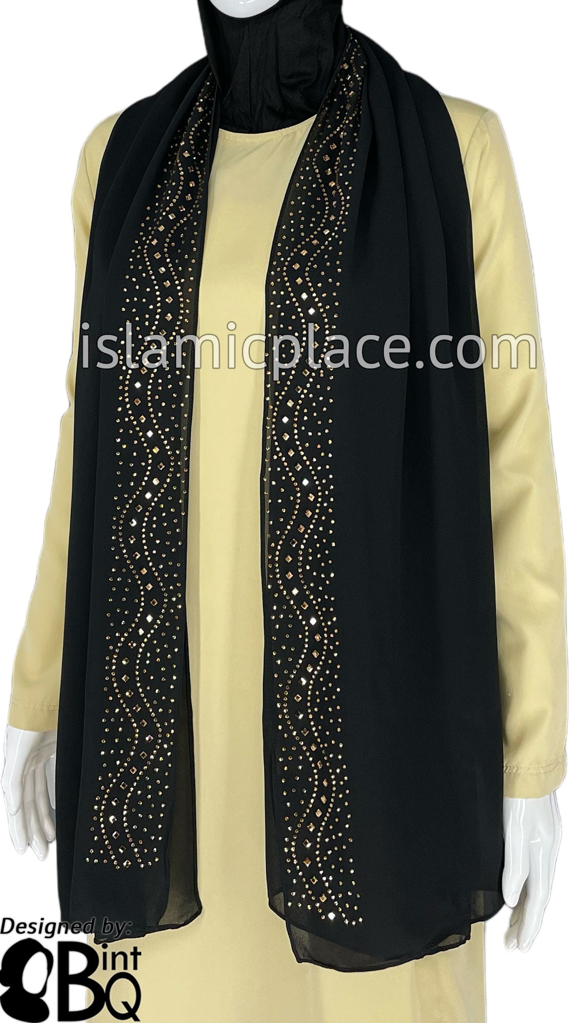 Black with Golden Stones in Design 60 - Georgette Chiffon Shayla Long Rectangle Hijab 30"x70"