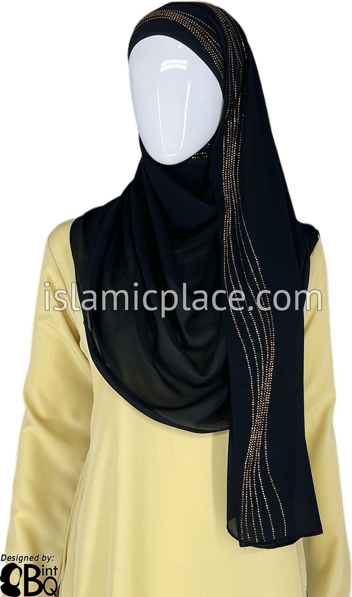 Black with Golden Stones in Design 102 - Georgette Chiffon Shayla Long Rectangle Hijab 30&quot;x70&quot;