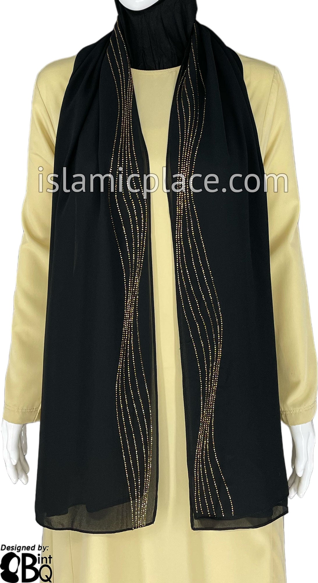 Black with Golden Stones in Design 102 - Georgette Chiffon Shayla Long Rectangle Hijab 30"x70"