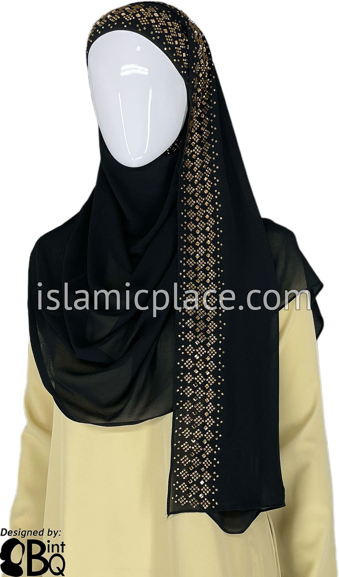 Black with Golden Stones in Design 29 - Georgette Chiffon Shayla Long Rectangle Hijab 30&quot;x70&quot;