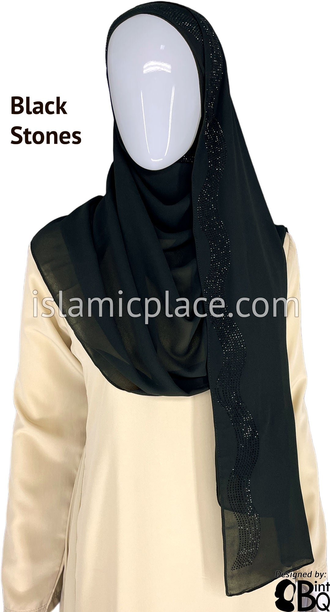 Black with Black Stones in Design 35 - Georgette Chiffon Shayla Long Rectangle Hijab 30&quot;x70&quot;