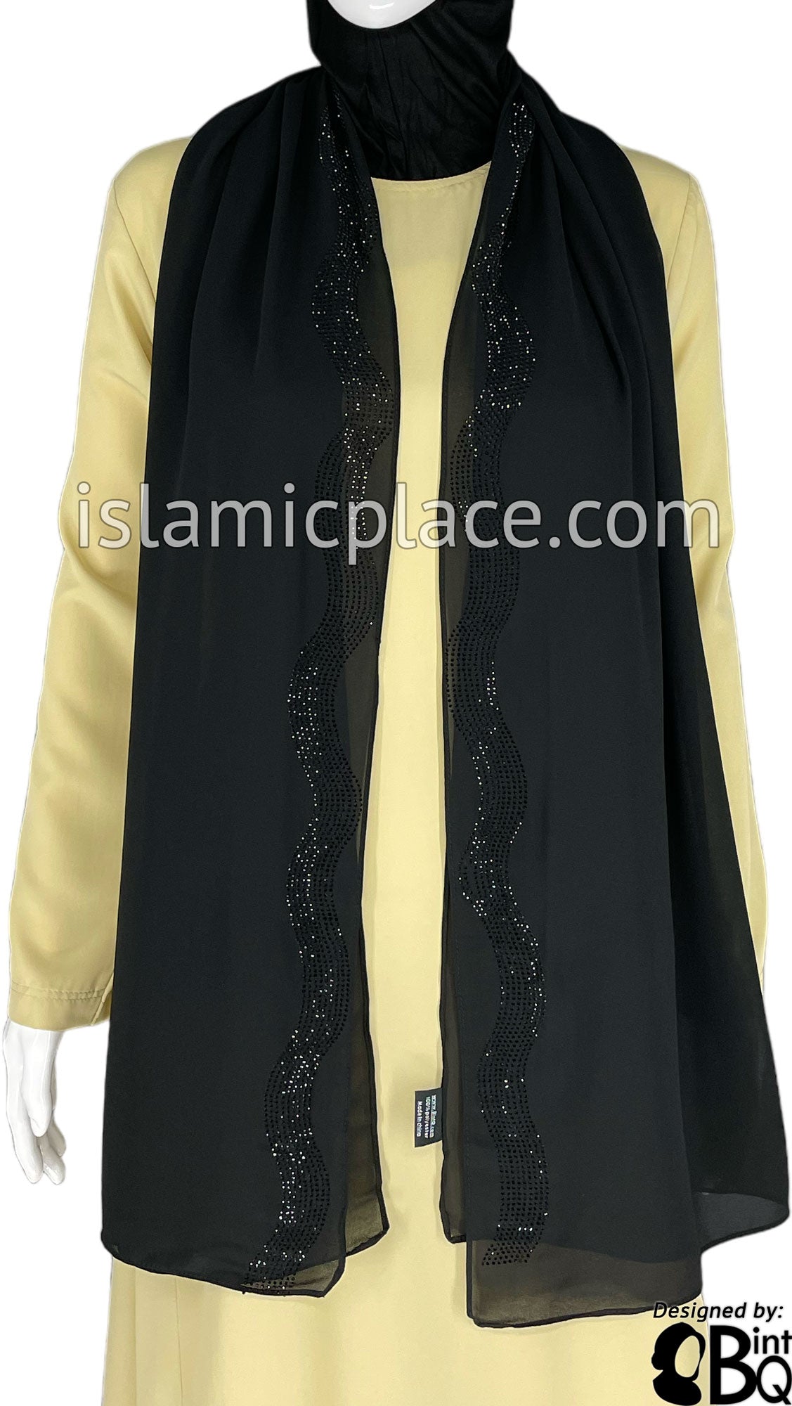 Black with Black Stones in Design 35 - Georgette Chiffon Shayla Long Rectangle Hijab 30"x70"