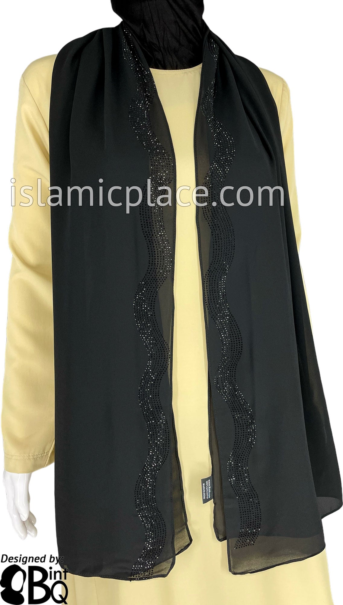 Black with Black Stones in Design 35 - Georgette Chiffon Shayla Long Rectangle Hijab 30"x70"