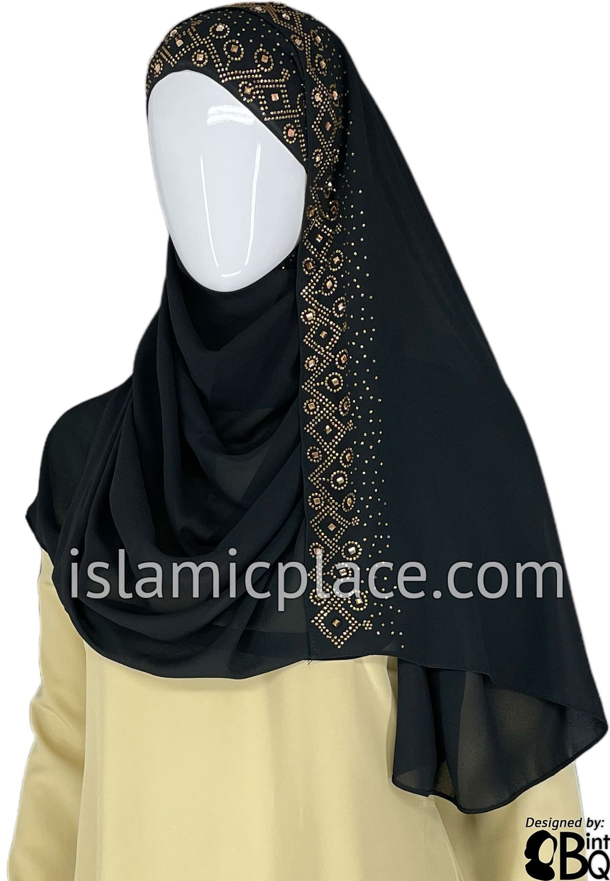 Black with Golden Stones in Design 70 - Georgette Chiffon Shayla Long Rectangle Hijab 30&quot;x70&quot;