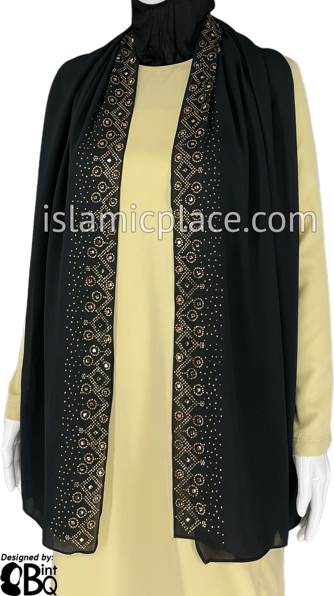 Black with Golden Stones in Design 70 - Georgette Chiffon Shayla Long Rectangle Hijab 30"x70"