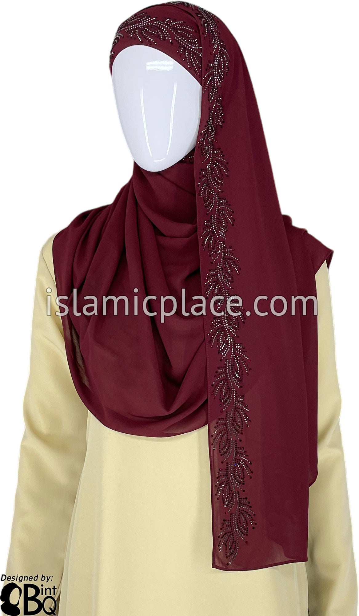 Burgundy with Silver Stones in Design 50 - Georgette Chiffon Shayla Long Rectangle Hijab 30&quot;x70&quot;