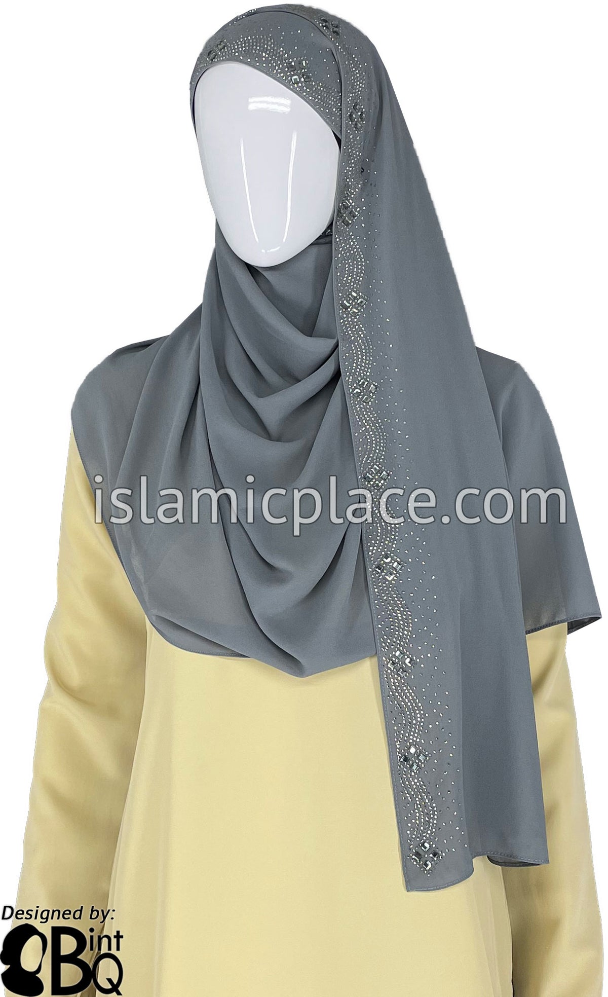 Gray with Silver Stones in Design 73 - Georgette Chiffon Shayla Long Rectangle Hijab 30&quot;x70&quot;