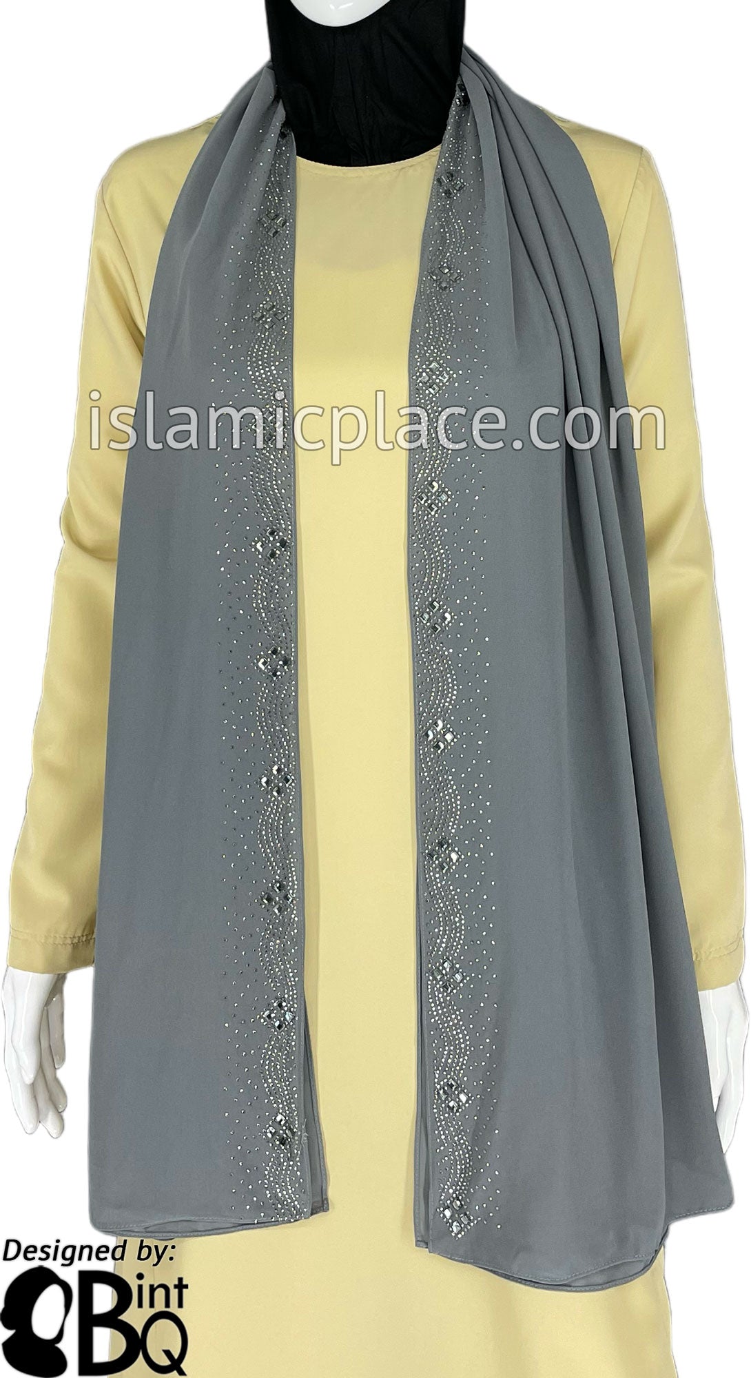 Gray with Silver Stones in Design 73 - Georgette Chiffon Shayla Long Rectangle Hijab 30"x70"