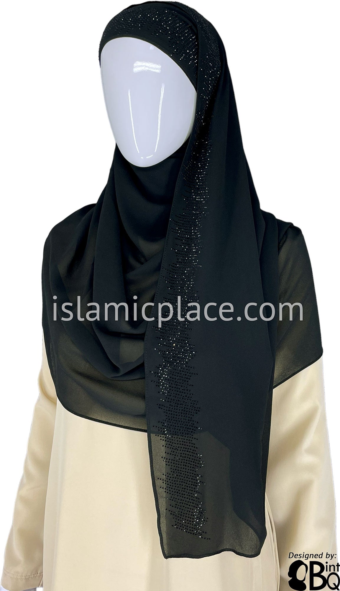 Black with Black Stones in Design 46 - Georgette Chiffon Shayla Long Rectangle Hijab 30&quot;x70&quot;