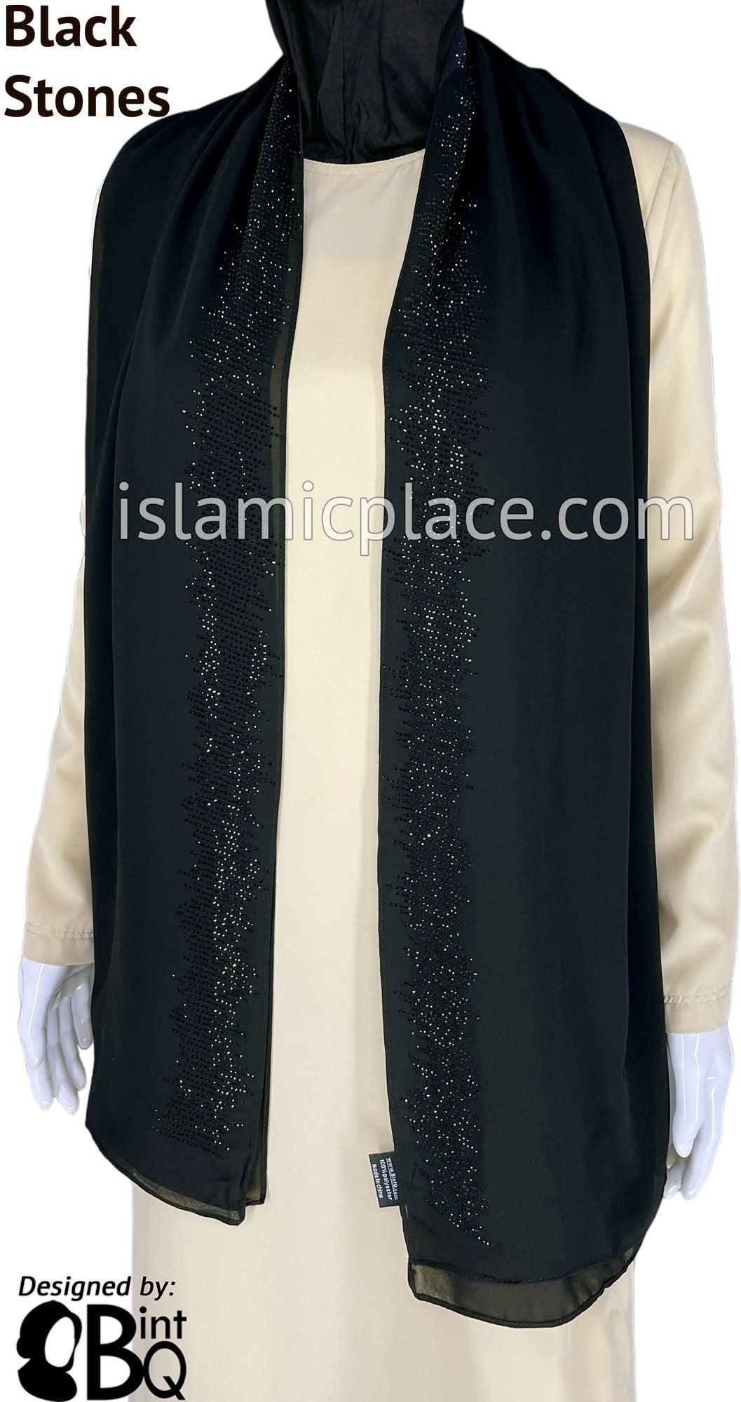 Black with Black Stones in Design 46 - Georgette Chiffon Shayla Long Rectangle Hijab 30"x70"