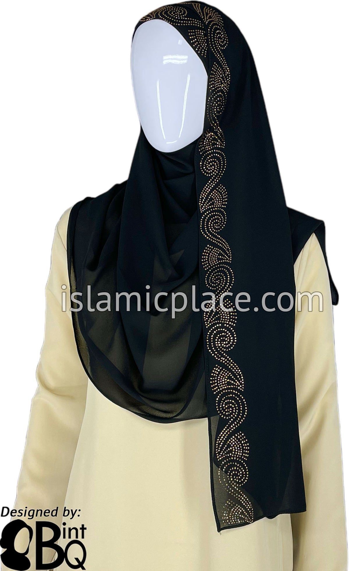 Black with Golden Stones in Design 34 - Georgette Chiffon Shayla Long Rectangle Hijab 30&quot;x70&quot;