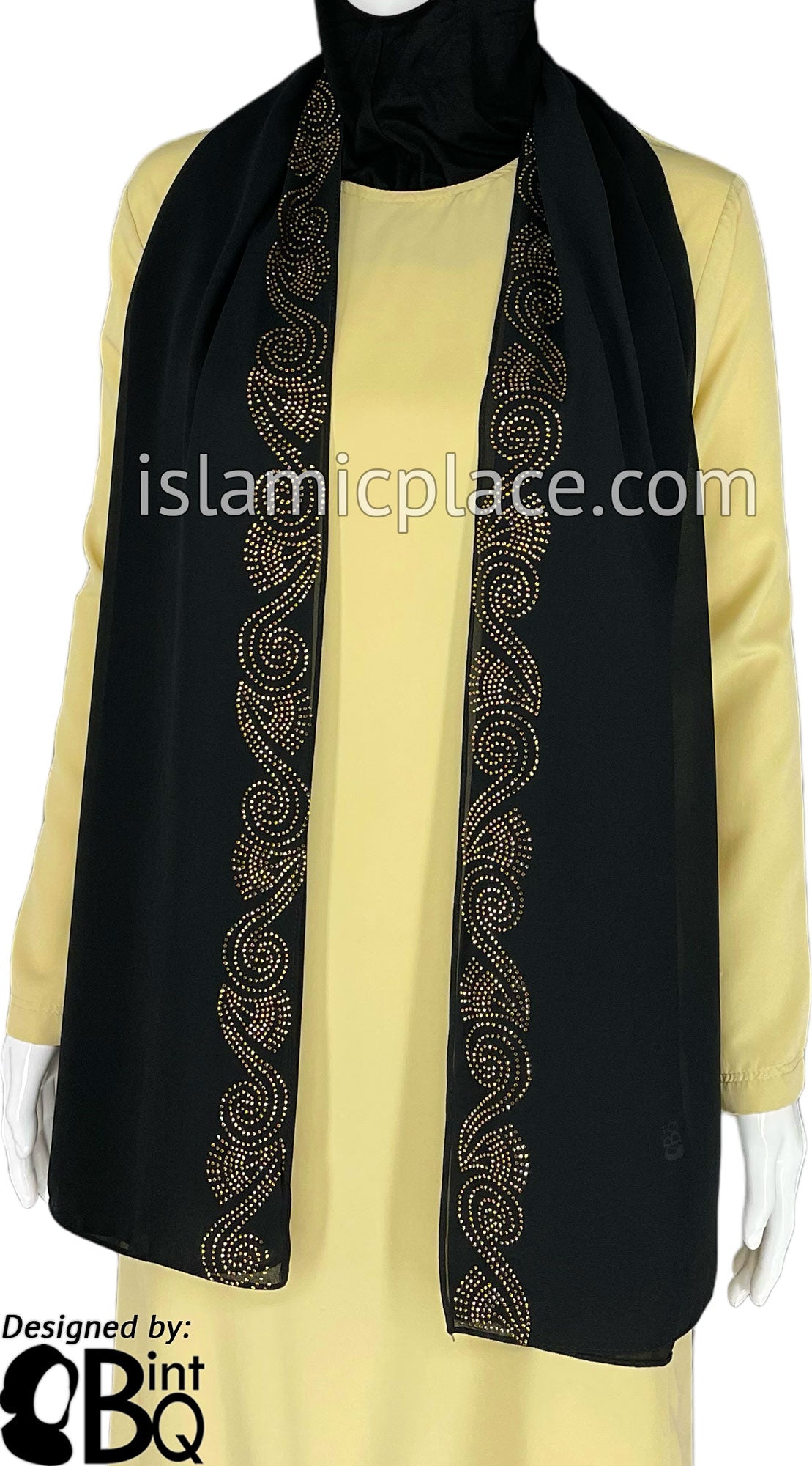 Black with Golden Stones in Design 34 - Georgette Chiffon Shayla Long Rectangle Hijab 30"x70"